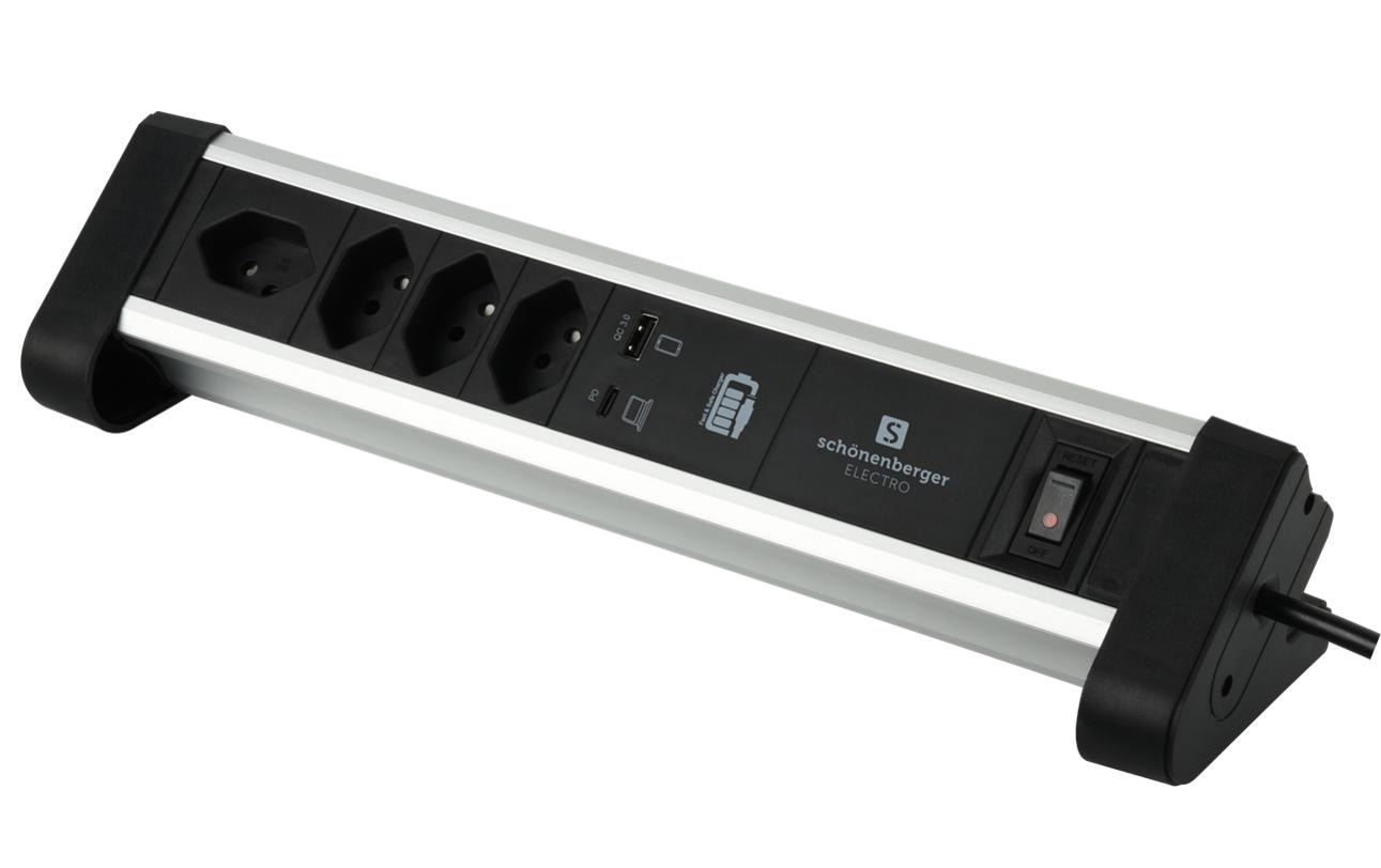Schönenberger ALU Tisch-Steckdosenleiste 4xT13, 1xUSB-A, 1xUSB-C, sz/alu, 2m Kabel