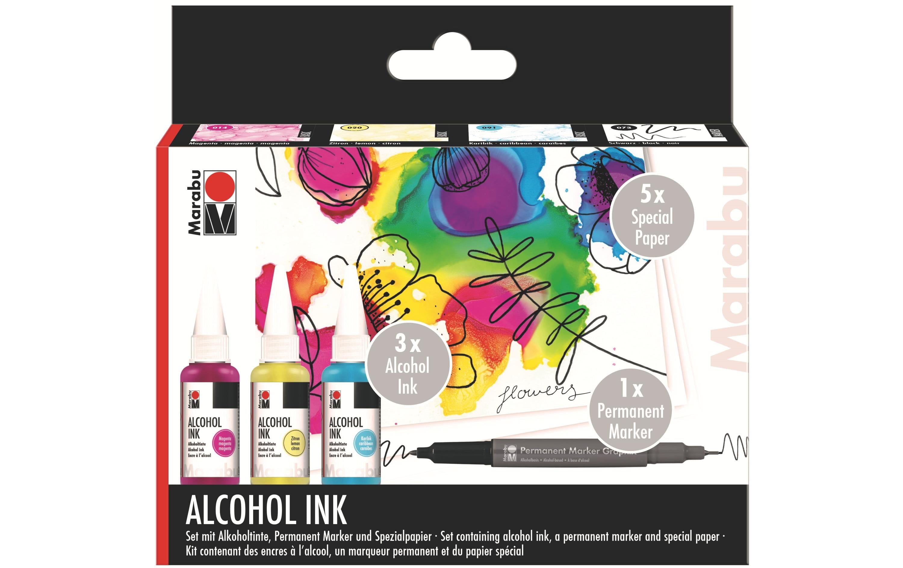 Marabu Alcohol Ink Set FLOWERS 3 Alkoholtinten, 5 Blätter A6, Permanentmar