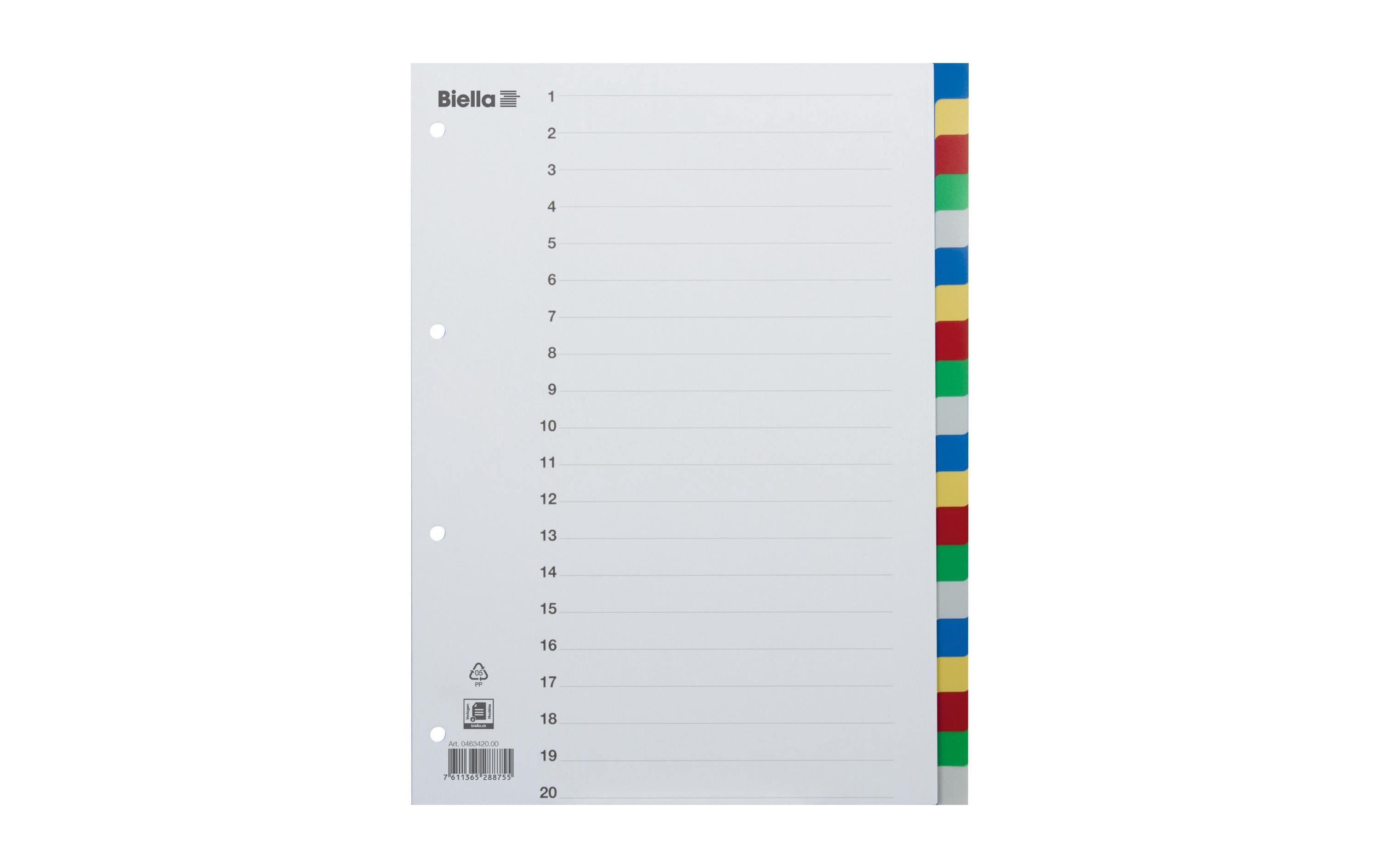 Biella Register A4 PP 20-teilig blanko, mit Indexblatt, farbig
