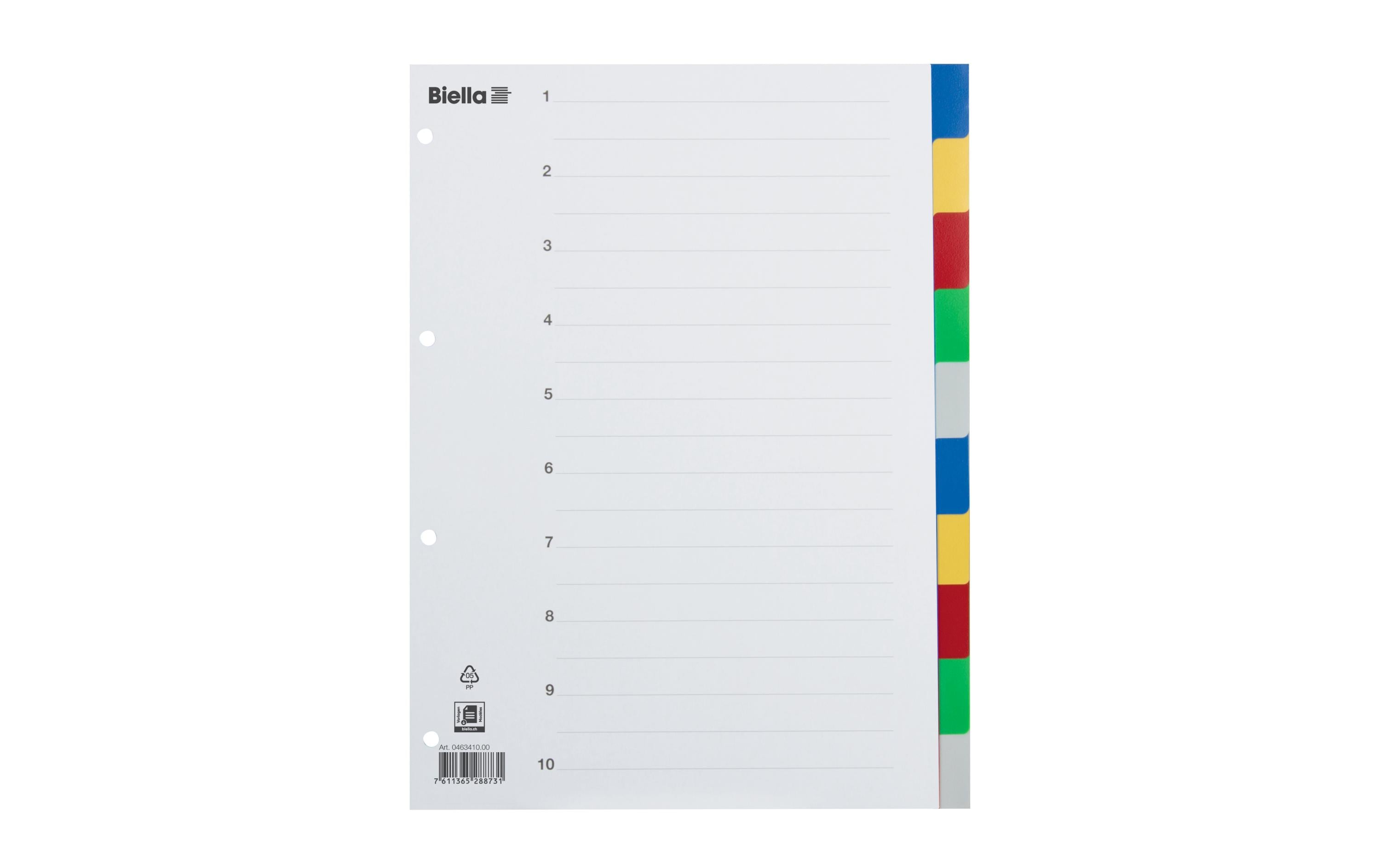 Biella Register A4 PP 10-teilig blanko, mit Indexblatt, farbig