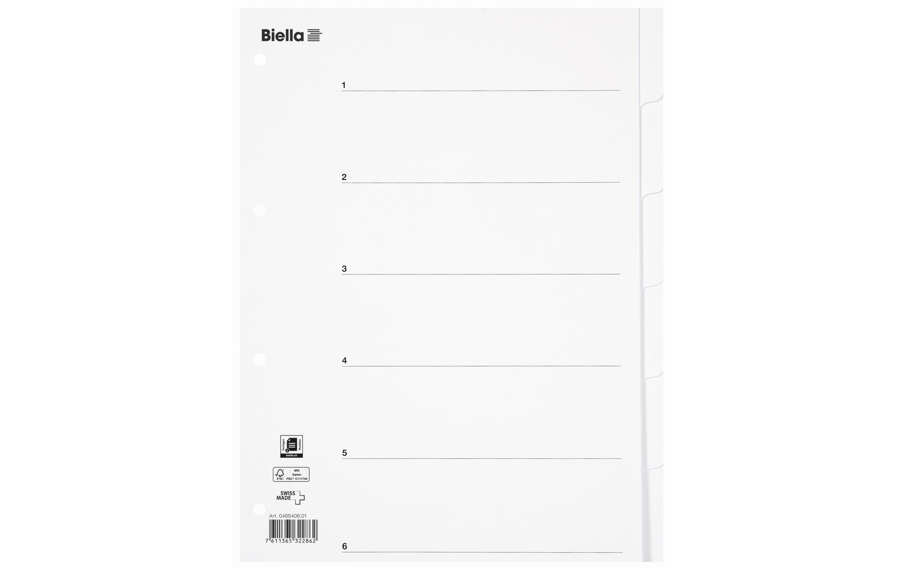 Biella Register Karton A4 6-teilig weiss mit Indexblatt