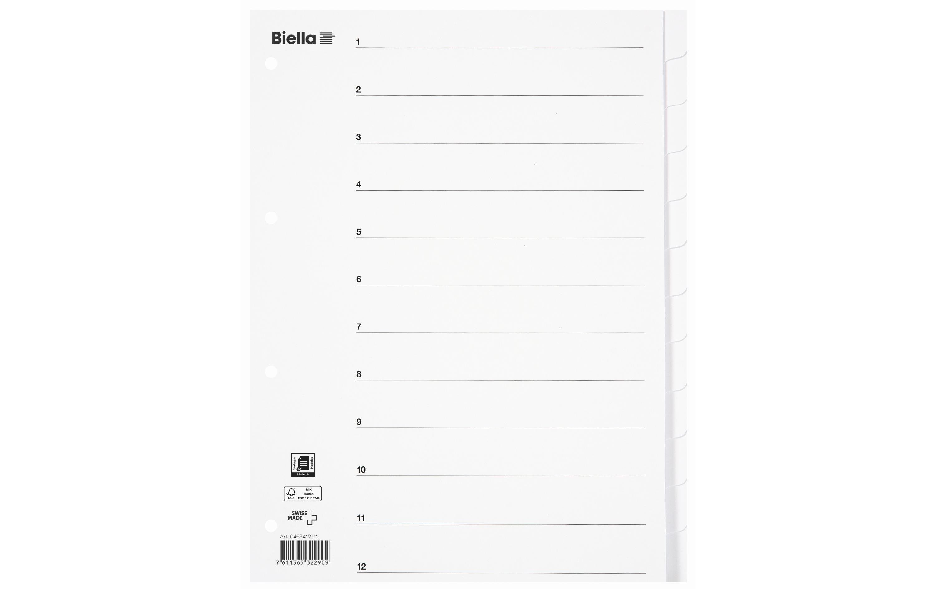 Biella Register Karton A4 12-teilig weiss mit Indexblatt