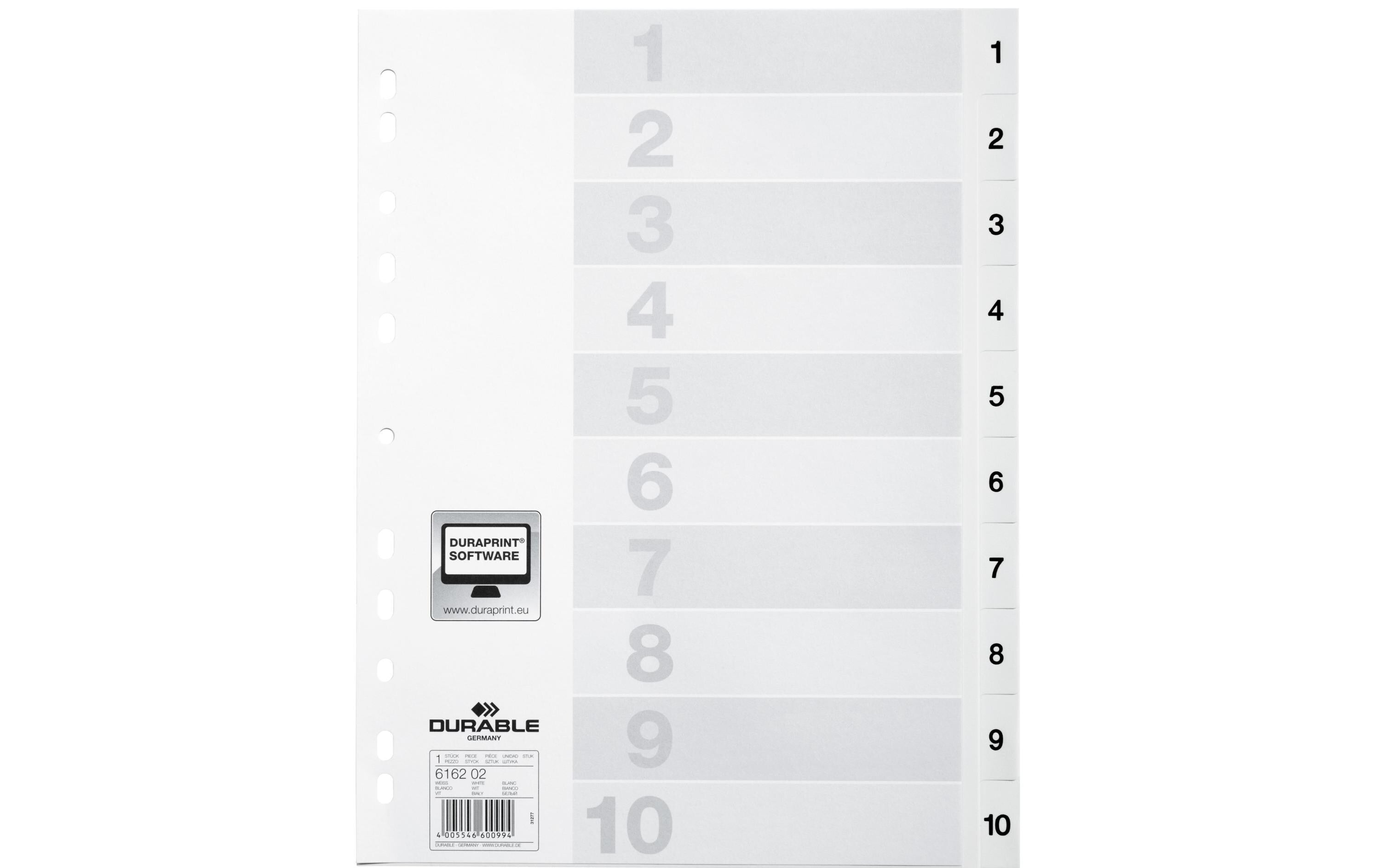 Durable Register PP geprägt 1-10 DIN A4, volldeckend, weiss, mit Indexblatt