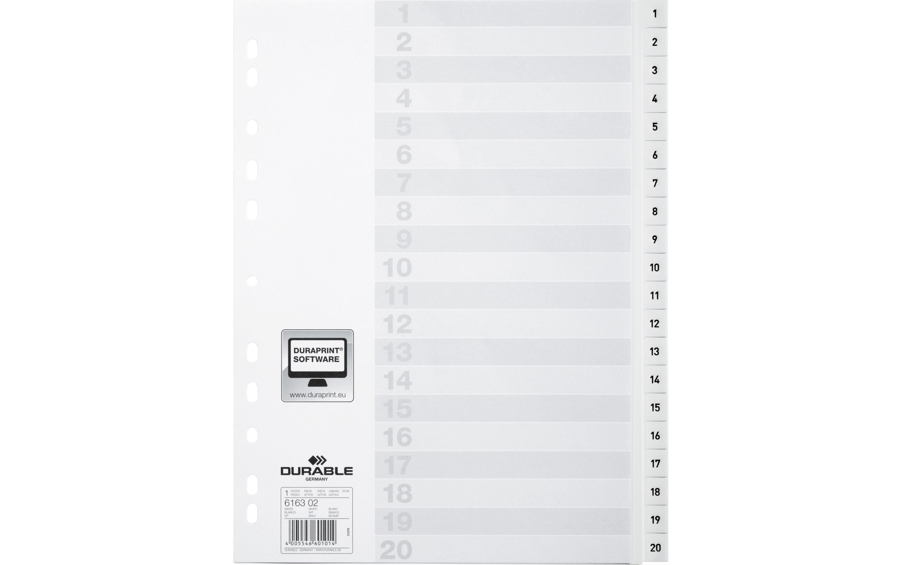 Durable Register PP geprägt 1-20 DIN A4, volldeckend, weiss, mit Indexblatt