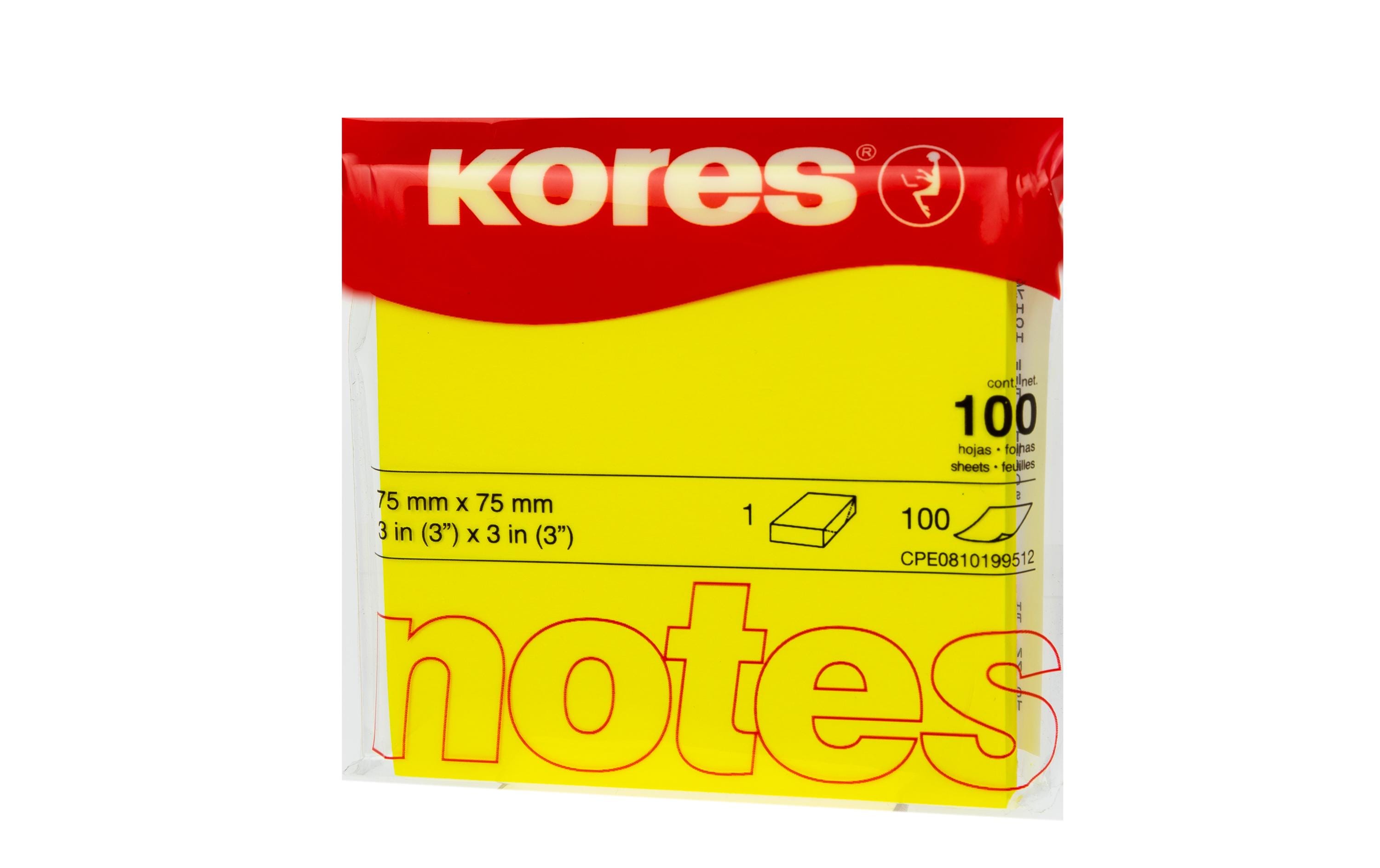 Kores Haftnotizen Neon Gelb 1 Block, 100 Blatt, 75 x 75 mm