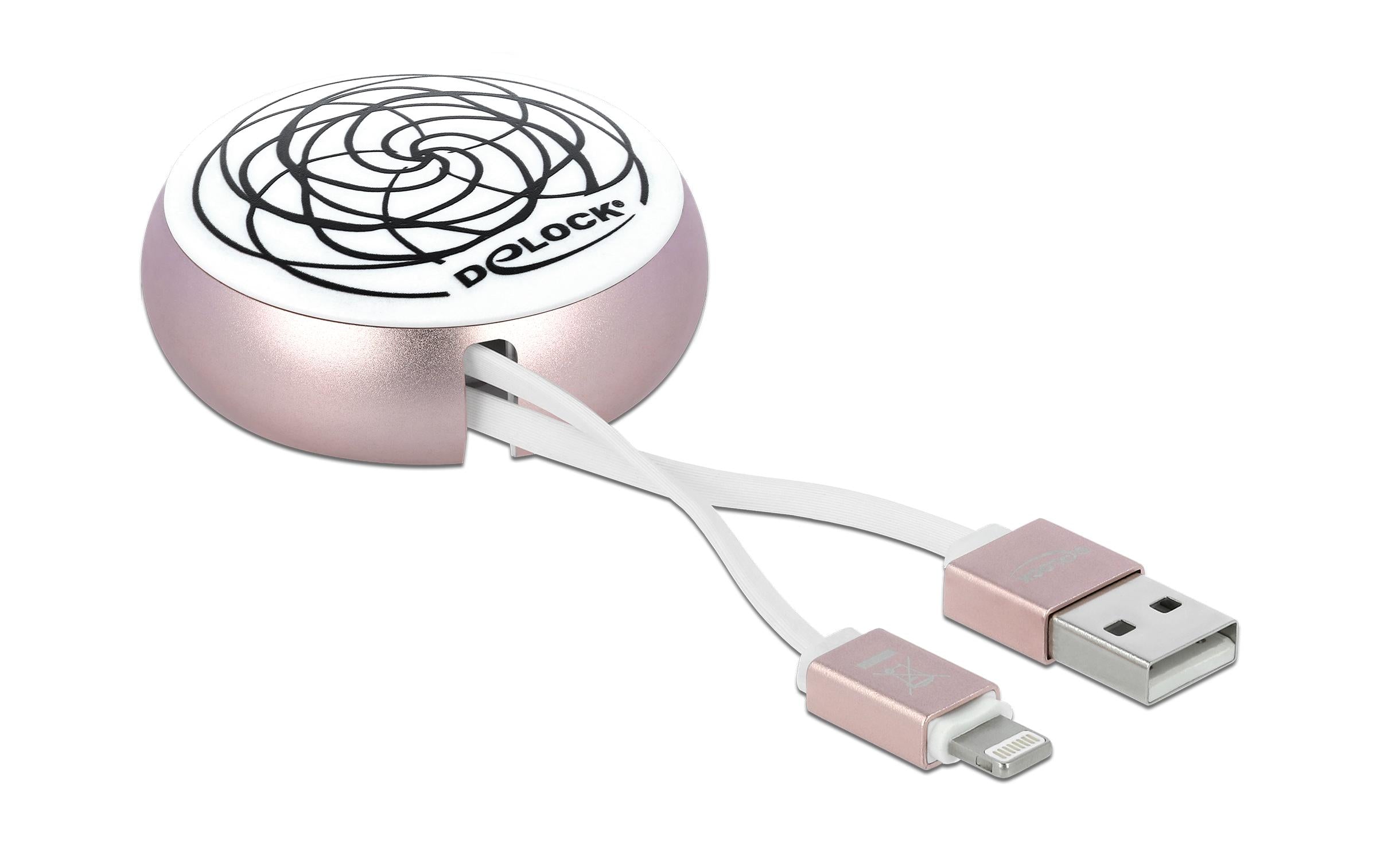 USB2.0 Aufrollkabel, 90CM, A-Lightning mit Autorollfunktion, weiss / rosé