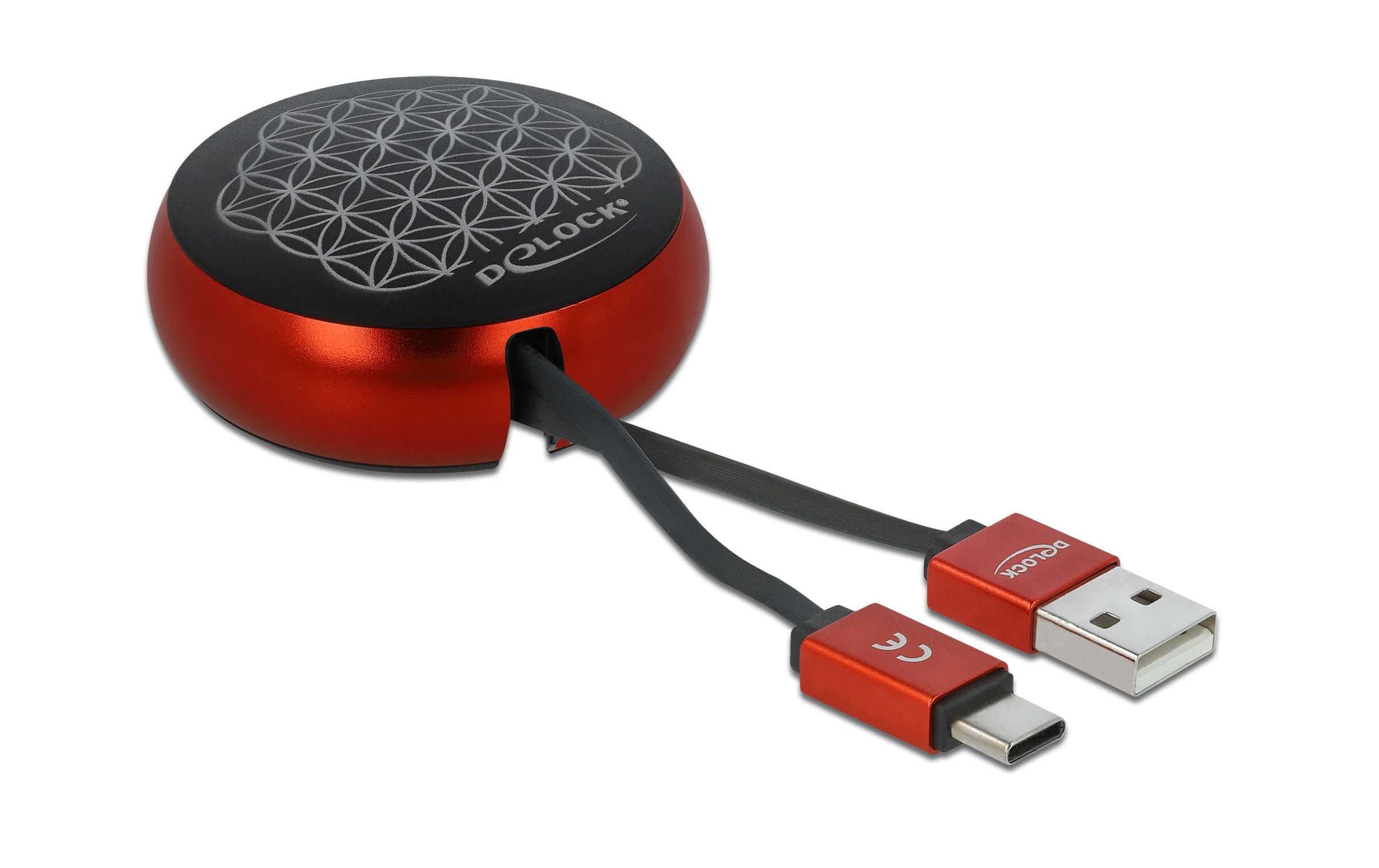 USB2.0 Aufrollkabel, 90CM, A-Typ-C mit Autorollfunktion, schwarz / rot