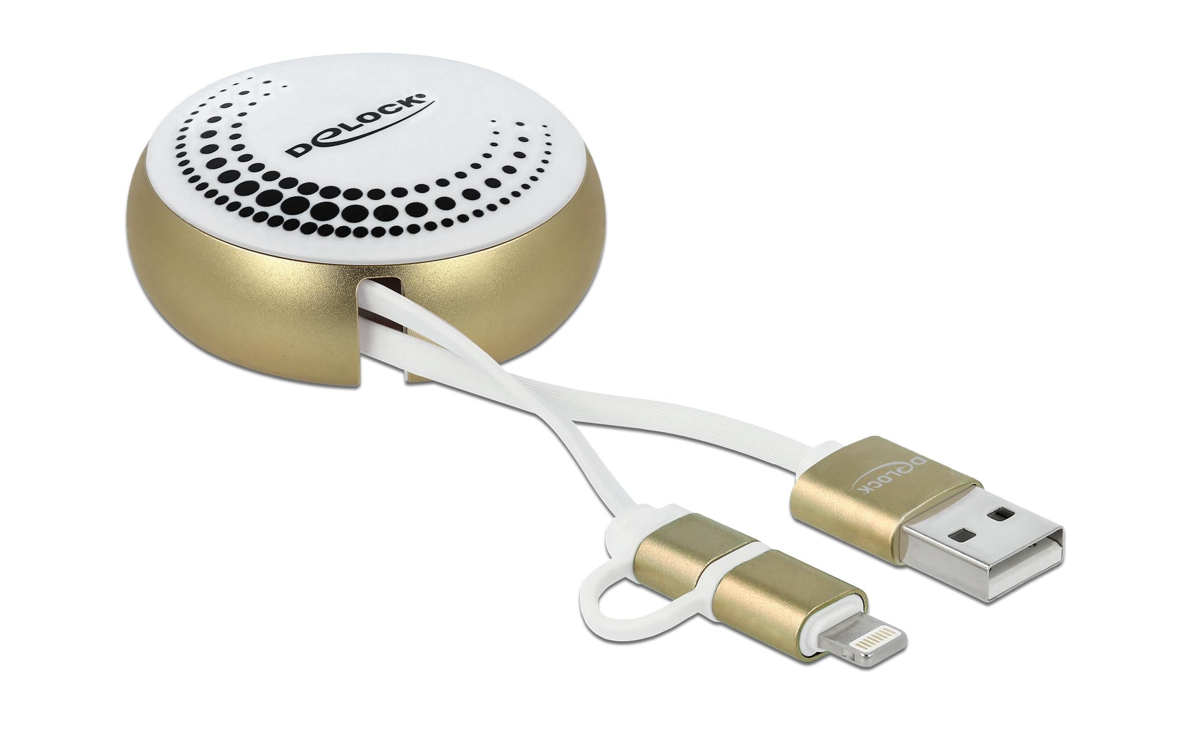 USB2.0 Aufrollkabel, 92CM, A-MB/Lightning mit Autorollfunktion, weiss / gold