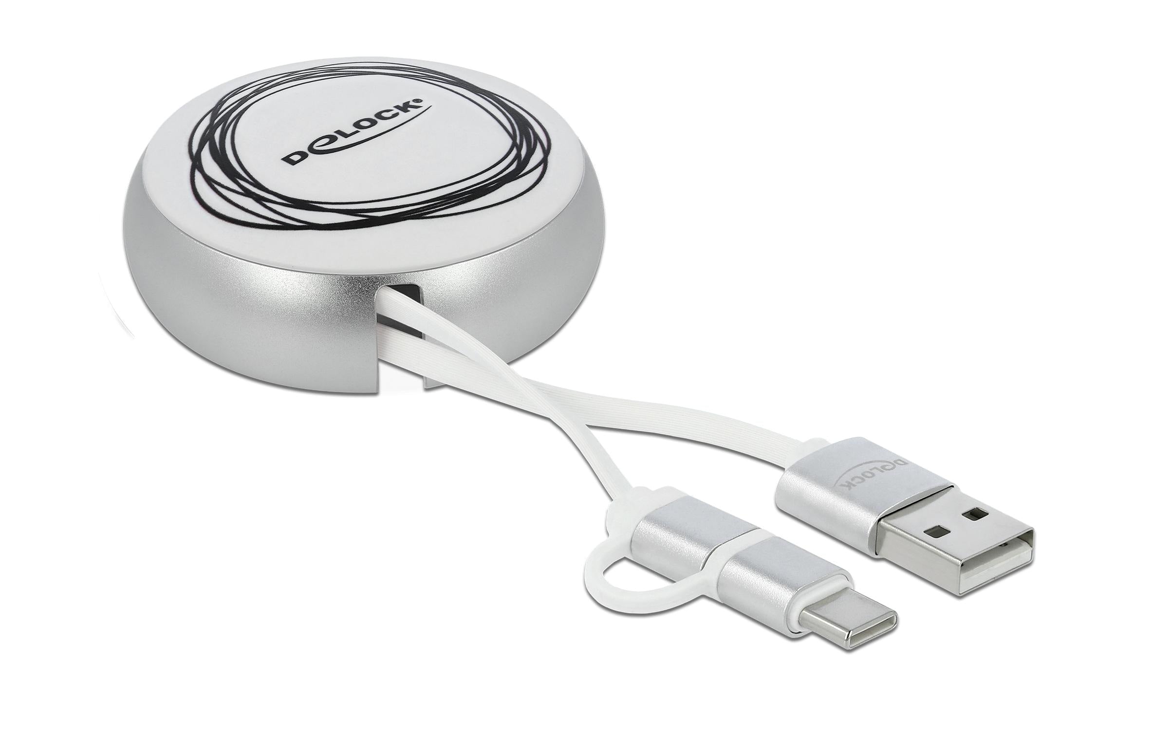 USB2.0 Aufrollkabel, 92CM, A-MB/Typ-C mit Autorollfunktion, weiss / silber