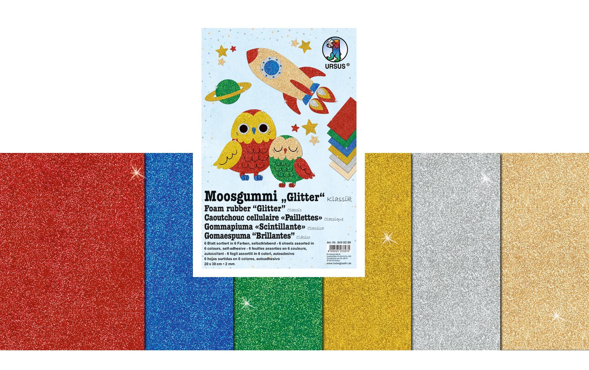 URSUS Moosgummi-Set Glitter Klassik selbstklebend, 20 x 30 cm, 10 Blatt, 6 Far.