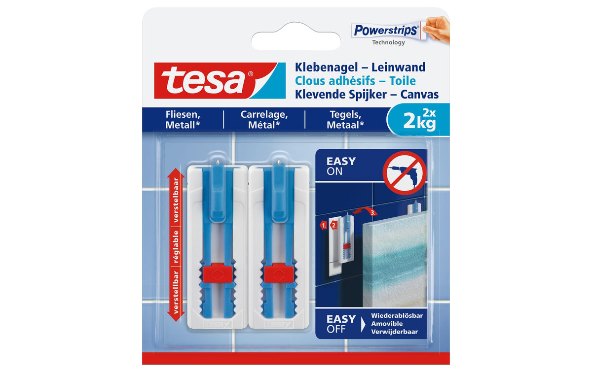 Tesa verstellbarer Klebenagel 2 x 2KG für Leinwände, Fliesen & Metall