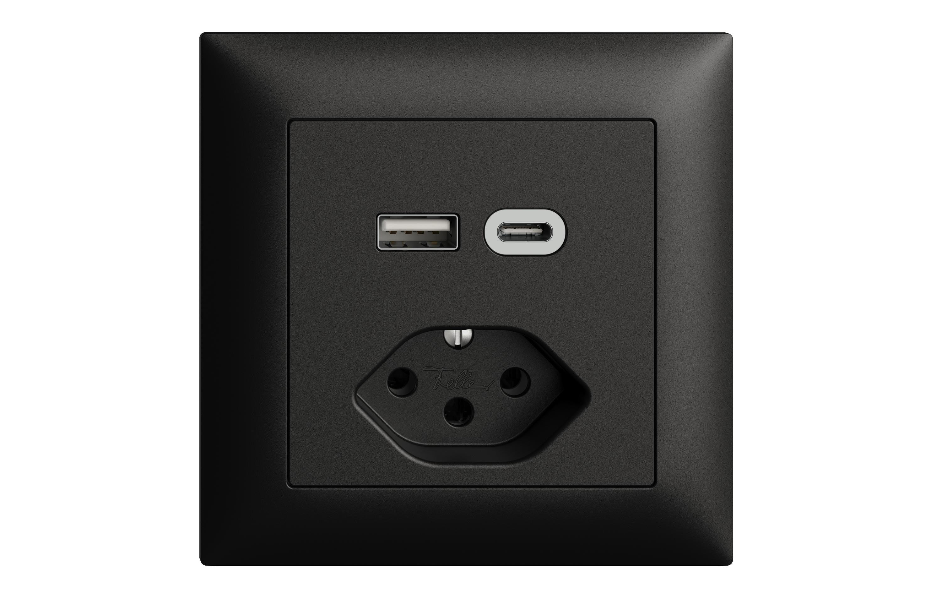 Feller EDIZIOdue Steckdose 1xUSB A,1xUSB C schwarz, 3A, 1xT13, UP