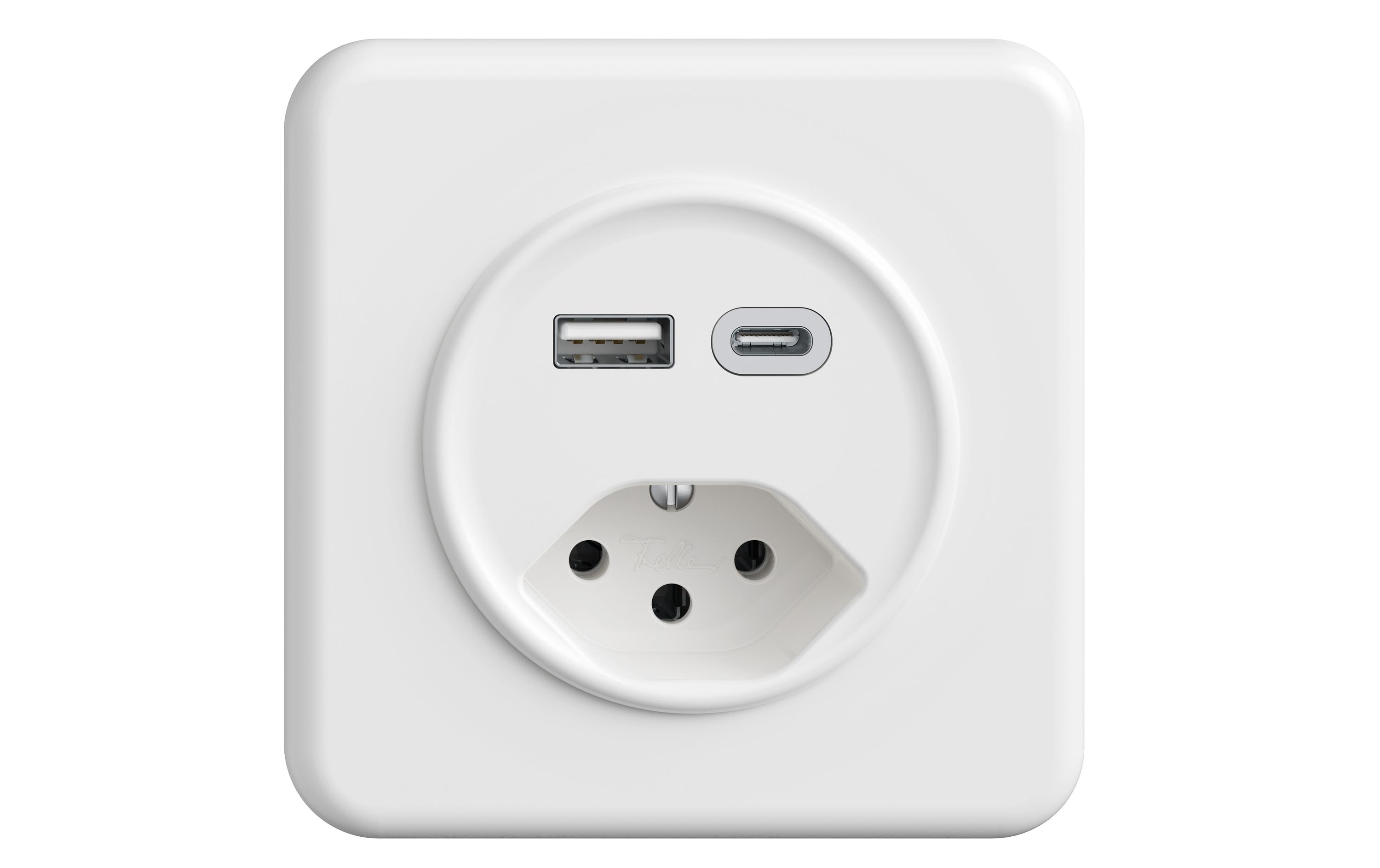 Feller STANDARdue Steckdose 1xUSB A,1xUSB C weiss, 3A, 1xT13, UP