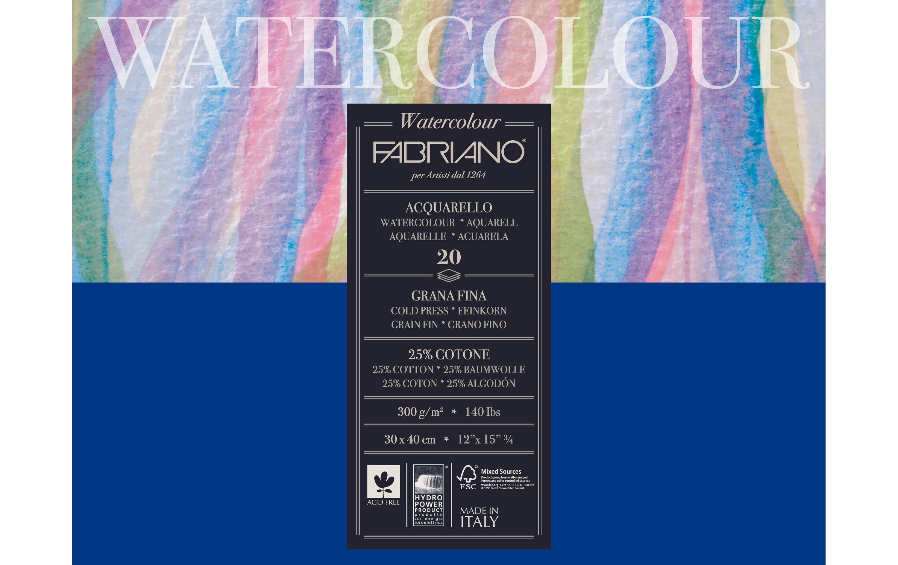 Fabriano Aquarellpapier 300g/m2, 20 Bl, Kalt gepresst, 30 x 40 cm