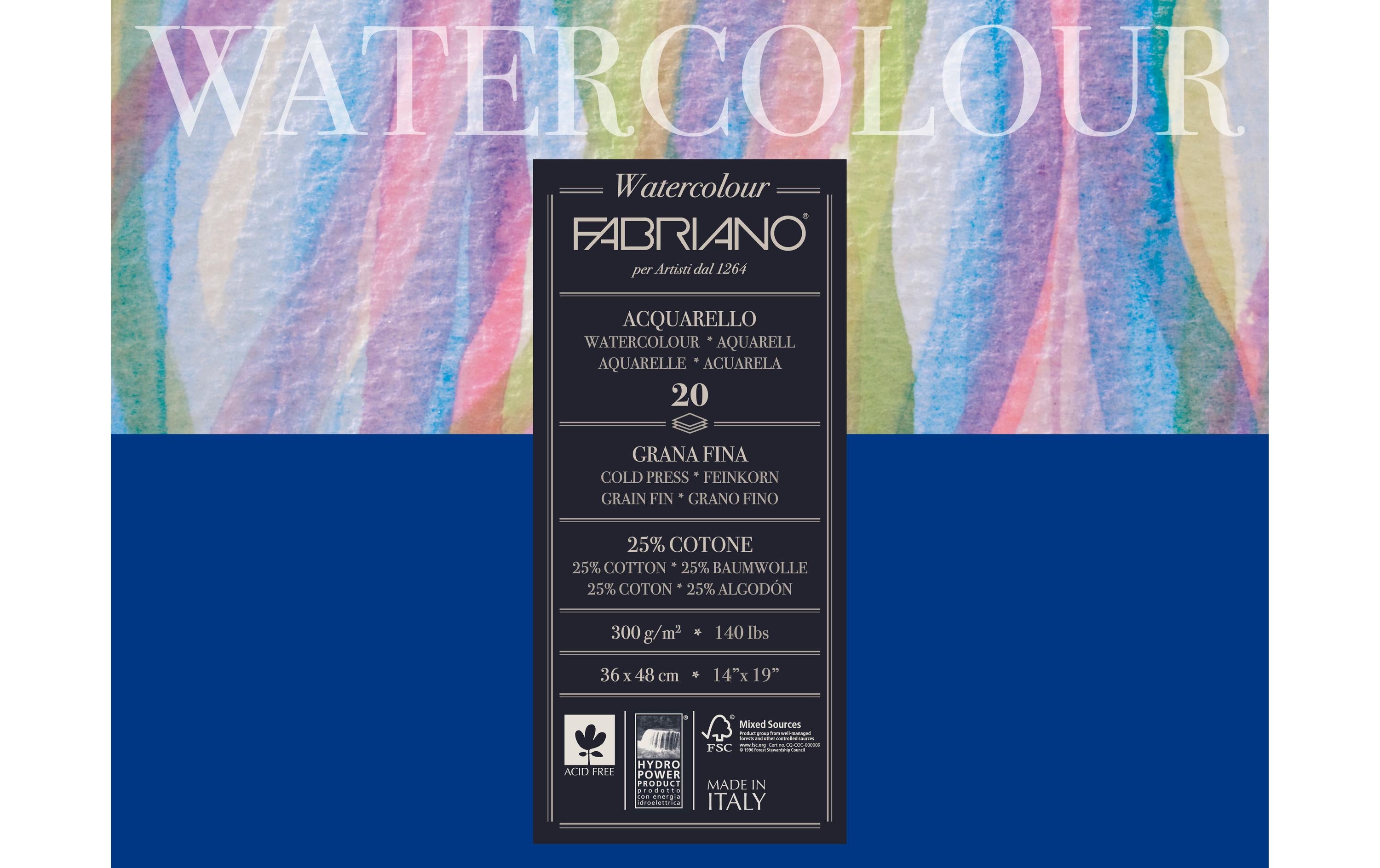 Fabriano Aquarellpapier 300g/m2, 20 Bl, Kalt gepresst, 36 x 48 cm