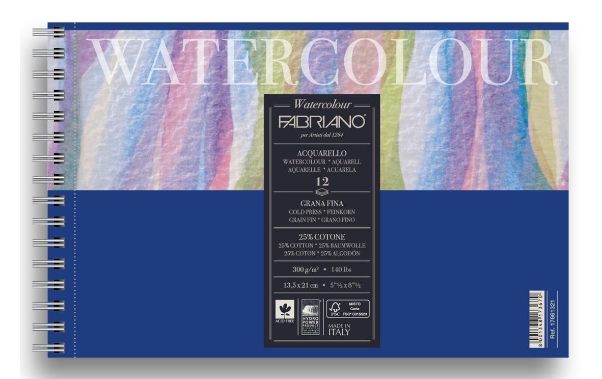 Fabriano Aquarellpapier Spiralbuch 300g/m2, 12 Bl, Kalt gepresst, 13.5x21cm