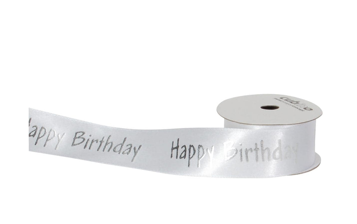 Spyk Geschenkband Cubino Happy Birthday weiss-silber, Breite: 25 mm, Länge: 3 m