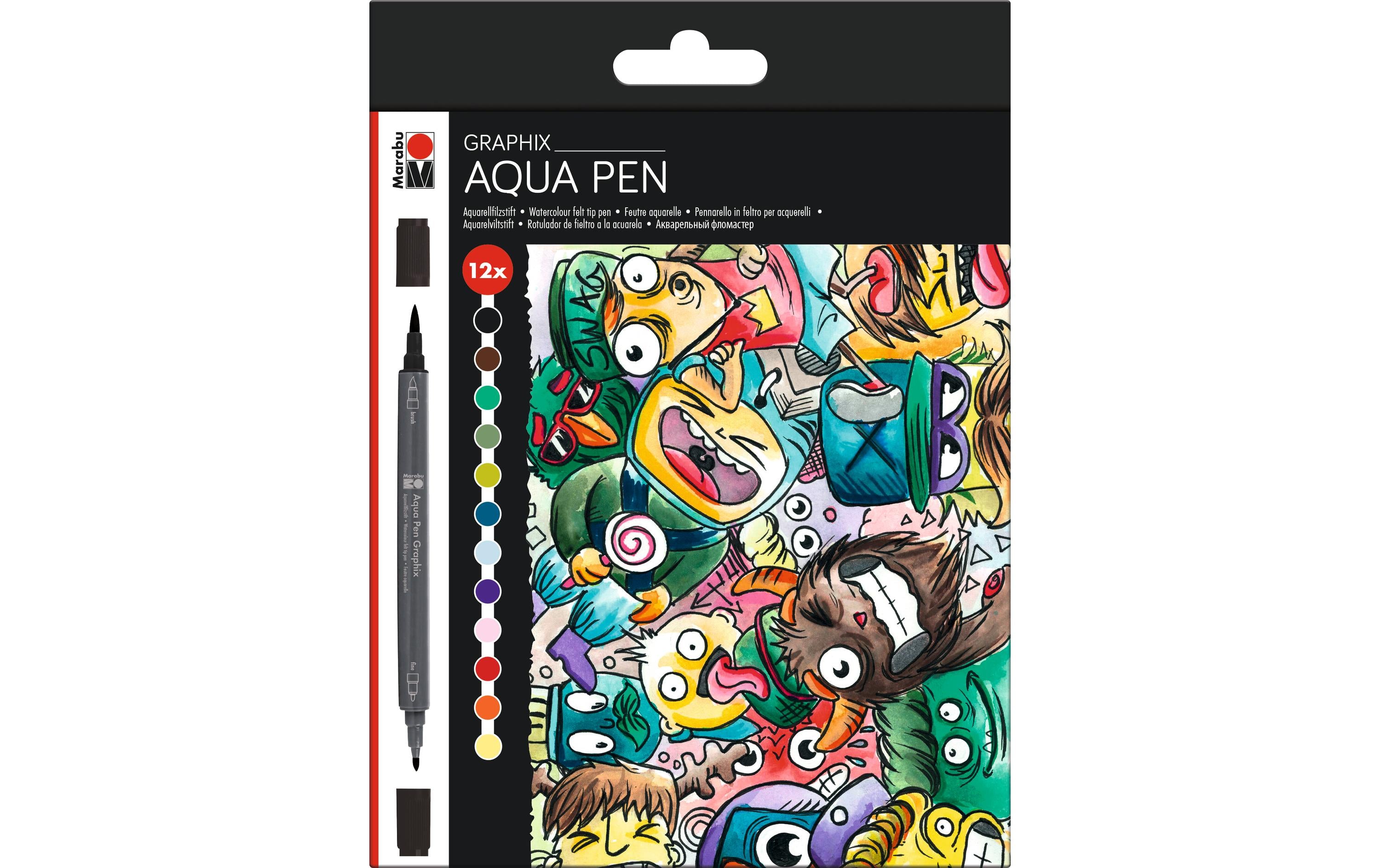 Marabu Aquarellfilzstift Aqua Pen Graphix Mega Mash, 12 Stück