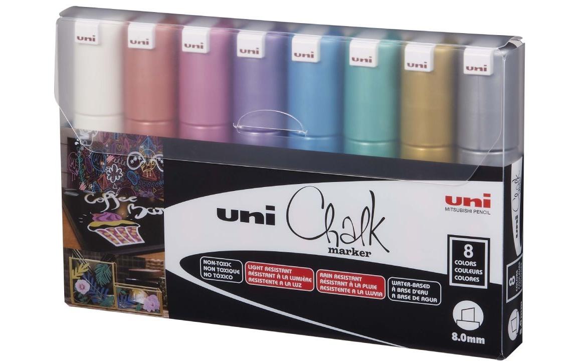 UNI CHALK Kreidemarker PWE-8K Keilspitze 8mm, 8Stk. Metallic Farben assortiert