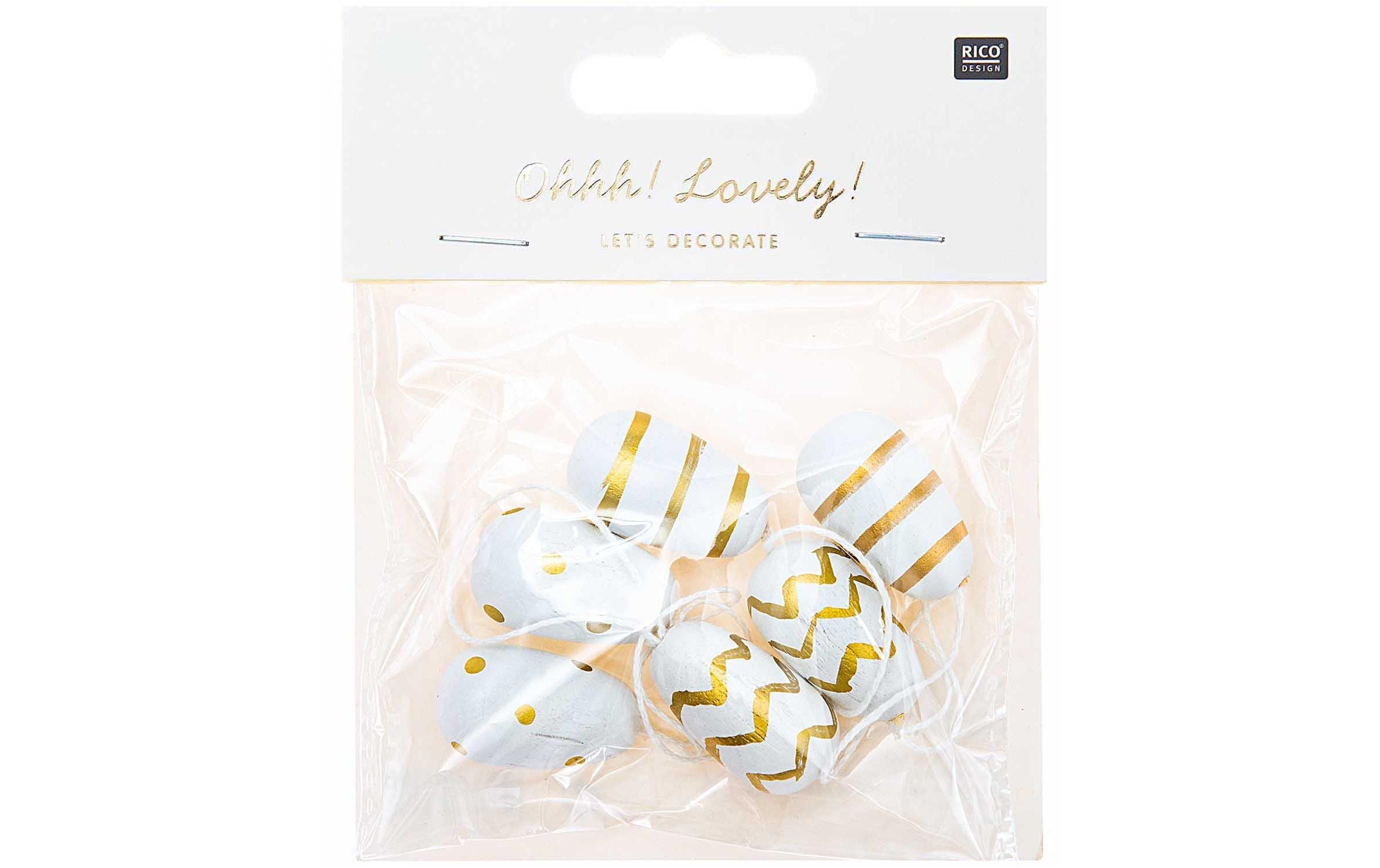 Rico Design Holzanhänger Osterei weiss/ gold, 6 Stück