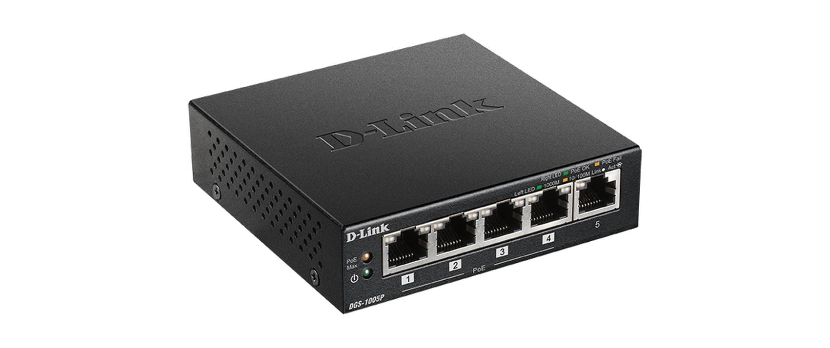 D-Link DGS-1005P/E: 5 Port PoE+ Switch 4x PoE+ mit 30W, 1Gbps, ext. NT