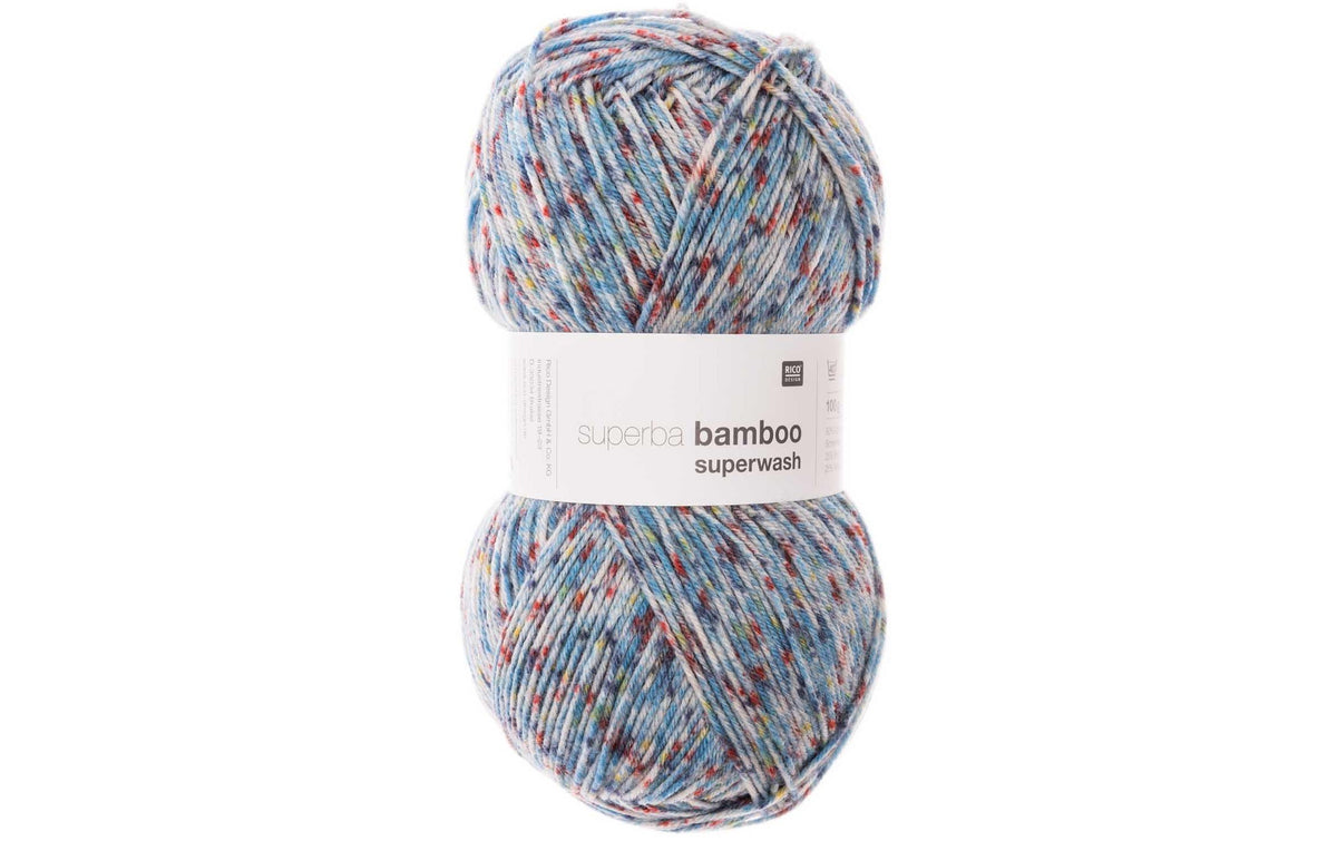 RICO  Sockenwolle , 4-fädig, konfetti blau 100 g, 420 m, 50 % WV, 25 % PA, 25 % VI
