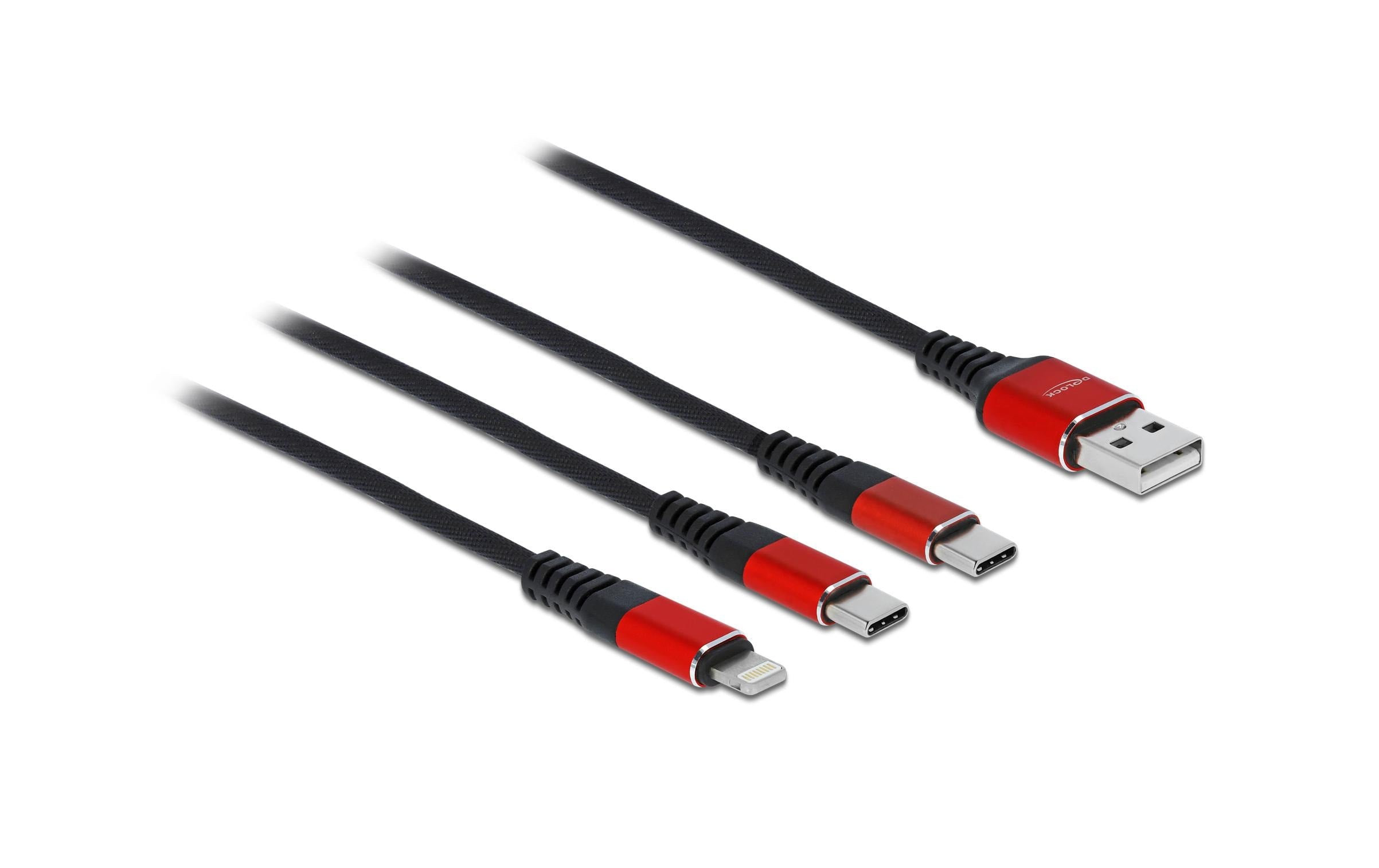Delock USB2.0-Ladekabel 3 in 1, 30cm USB-A zu Lightning, 2xUSB-C bis 3A