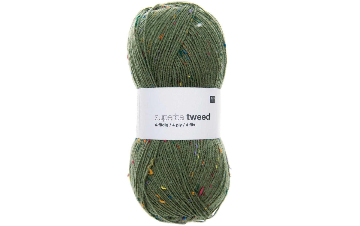 RICO  Sockenwolle  Tweed 4-fädig, olive 100 g, 375 m, 60% WV, 30% PA, 7% PC, 3% CV