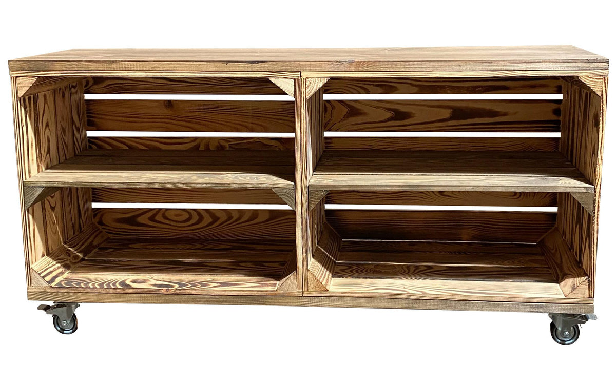 Holz Zollhaus Vintage Regal auf Rollen geflammt, Kiefer, 100x30x50 cm, FSC 100%
