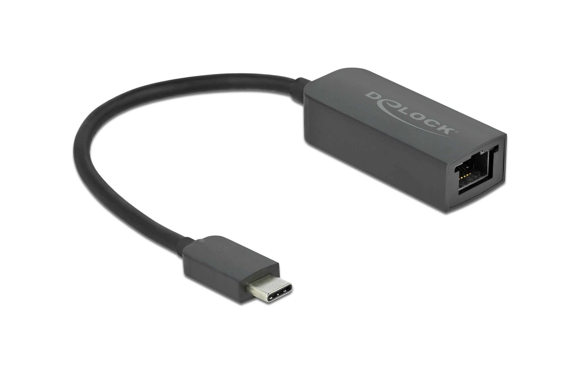 Delock USB3.2 Gen1 Typ-C zu LAN Adapter 0,1/1/2.5Gbps, schwarz, 16cm Kabel, Kompakt