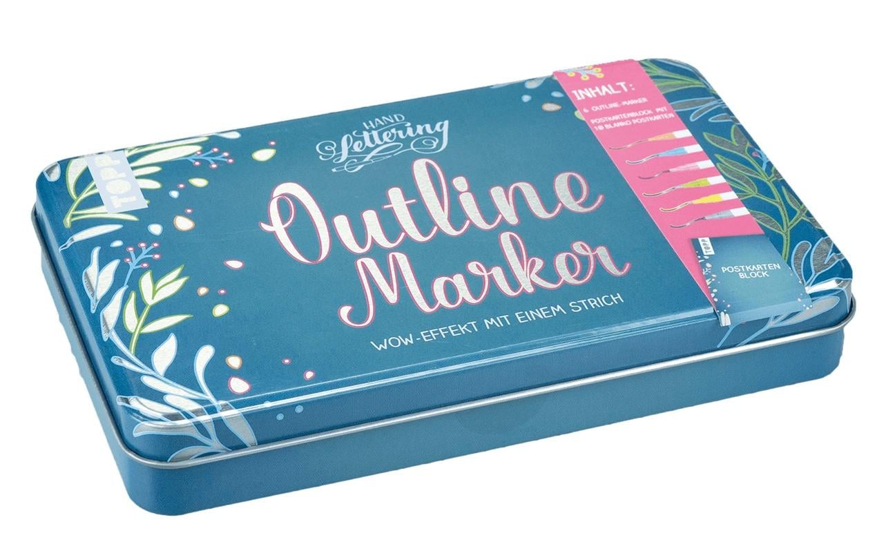 Outline Marker Set, 6 Stifte, 10 Postkarten Innenfarbe silber, mit 6 Konturfarben