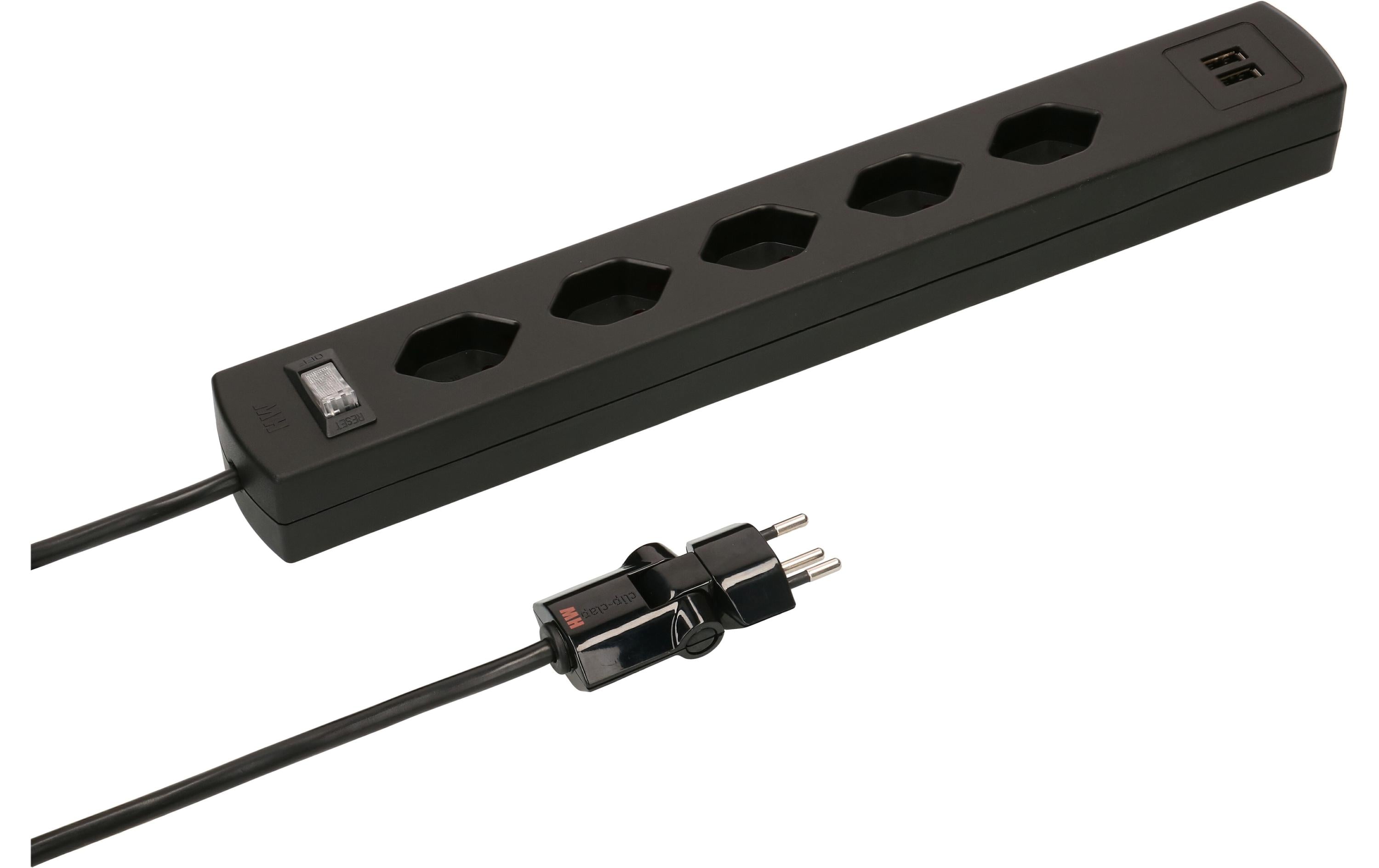 Max Hauri Steckerleiste SafetyLine ClipClap USB A,5xT13, schwarz, Kombi-Überstromschutz
