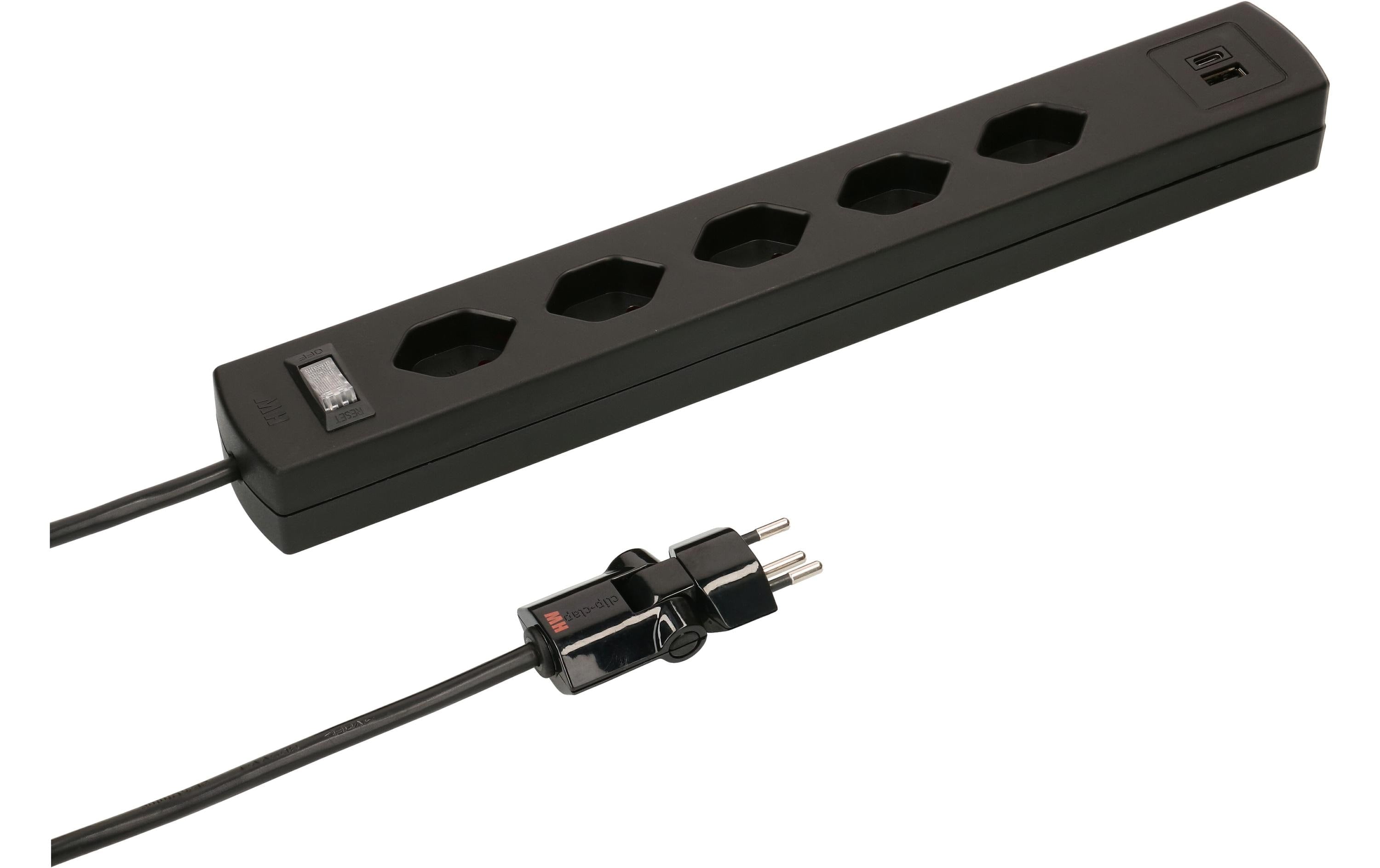 Max Hauri Steckerleiste SafetyLine ClipClap USB A C,5xT13,schwarz,Kombi-Überstromschutz