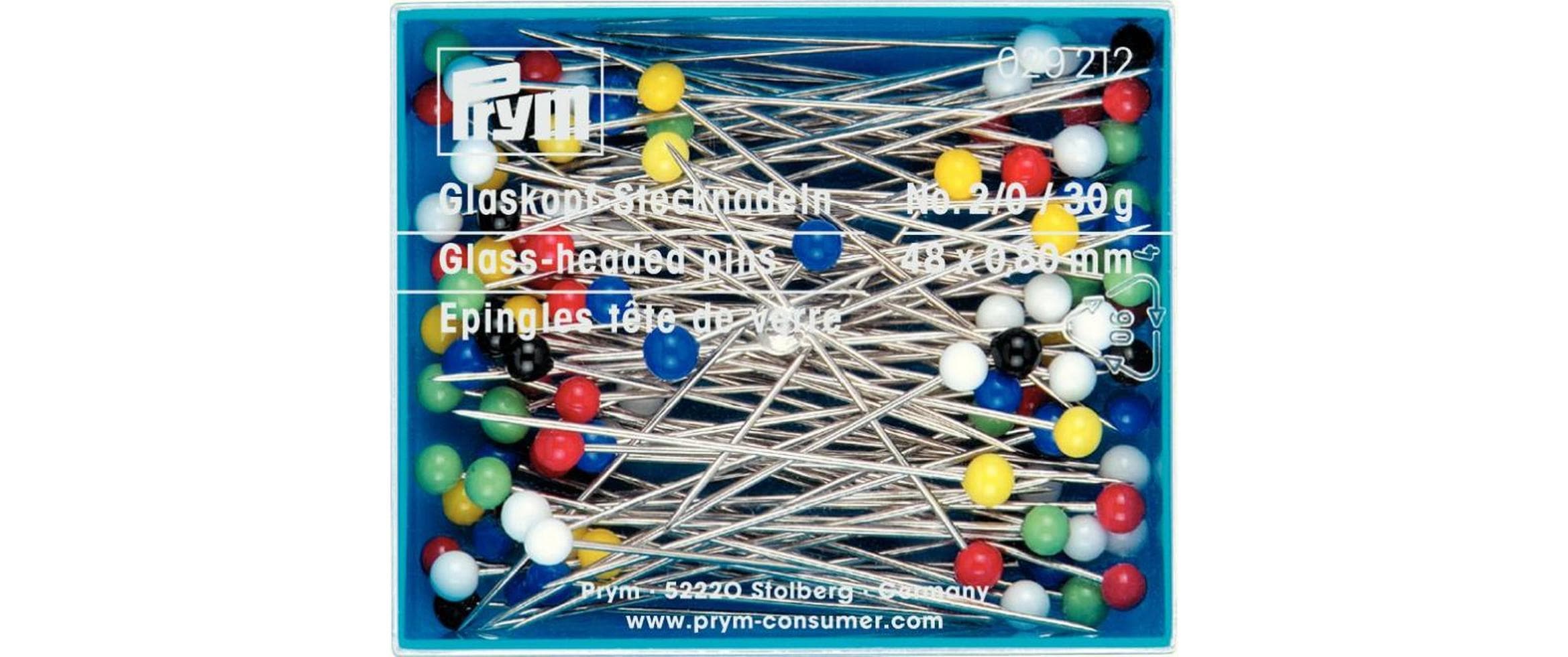 Glaskopfstecknadeln, bunt 0.80 x 48 mm, Dose 30 g, Stahl