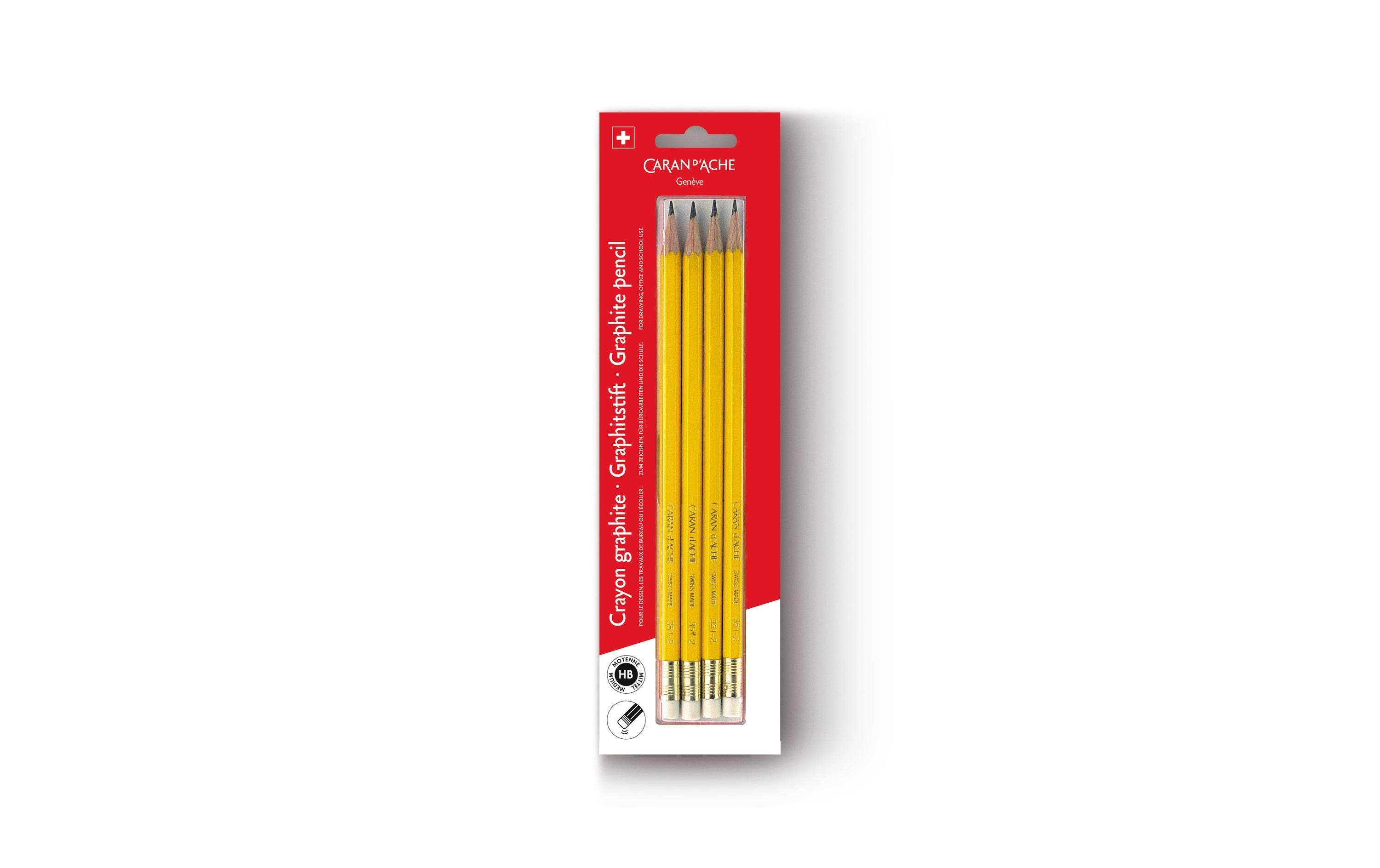 Caran d'Ache Bleistift Set HB 4 Stück, Gelb, mit Radiergummi
