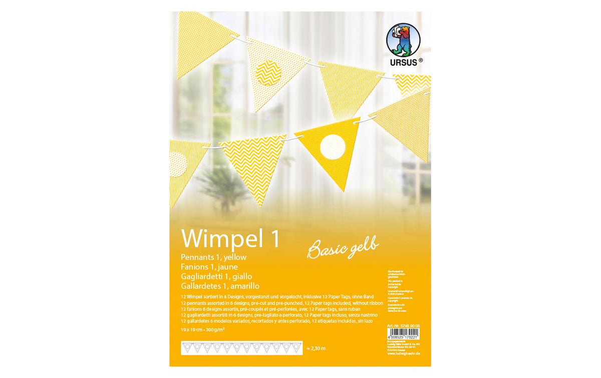 URSUS Girlande Uni inkl. 12 Paper Tags Länge 2.3 m, 300g/m2, 12 Wimpel, gelb