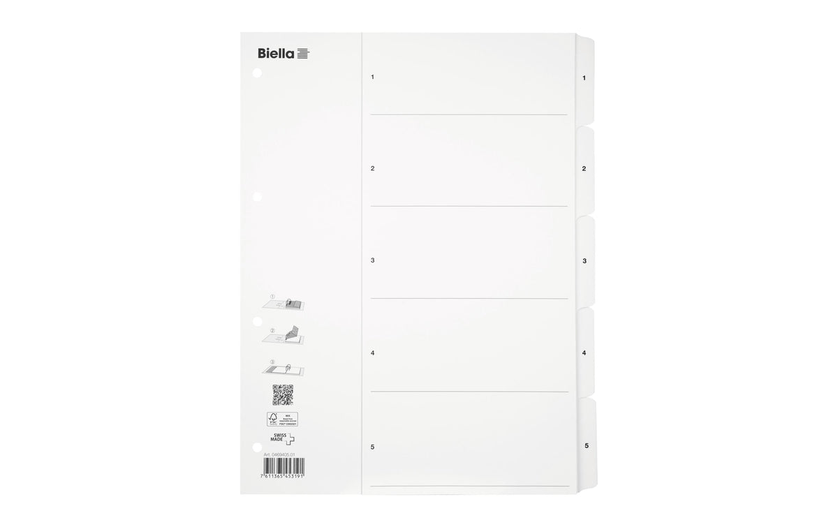 Biella Register Karton A4 1-5, 4Loch weiss, Fahnenstanzung verstärkt