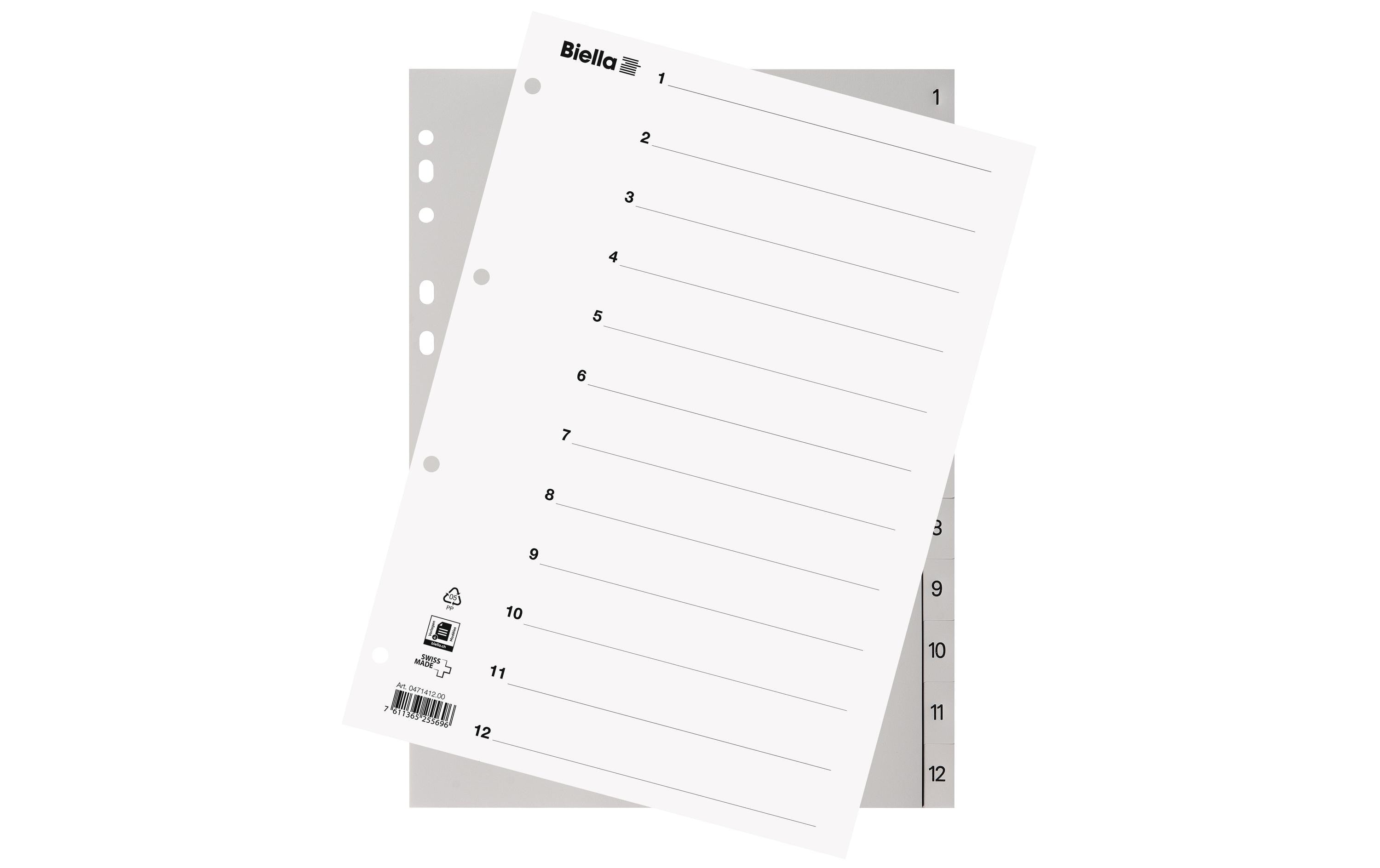 Biella RegisterVollformat aus Kunststoff 1-12, A4, 4 Loch, 1 Stück