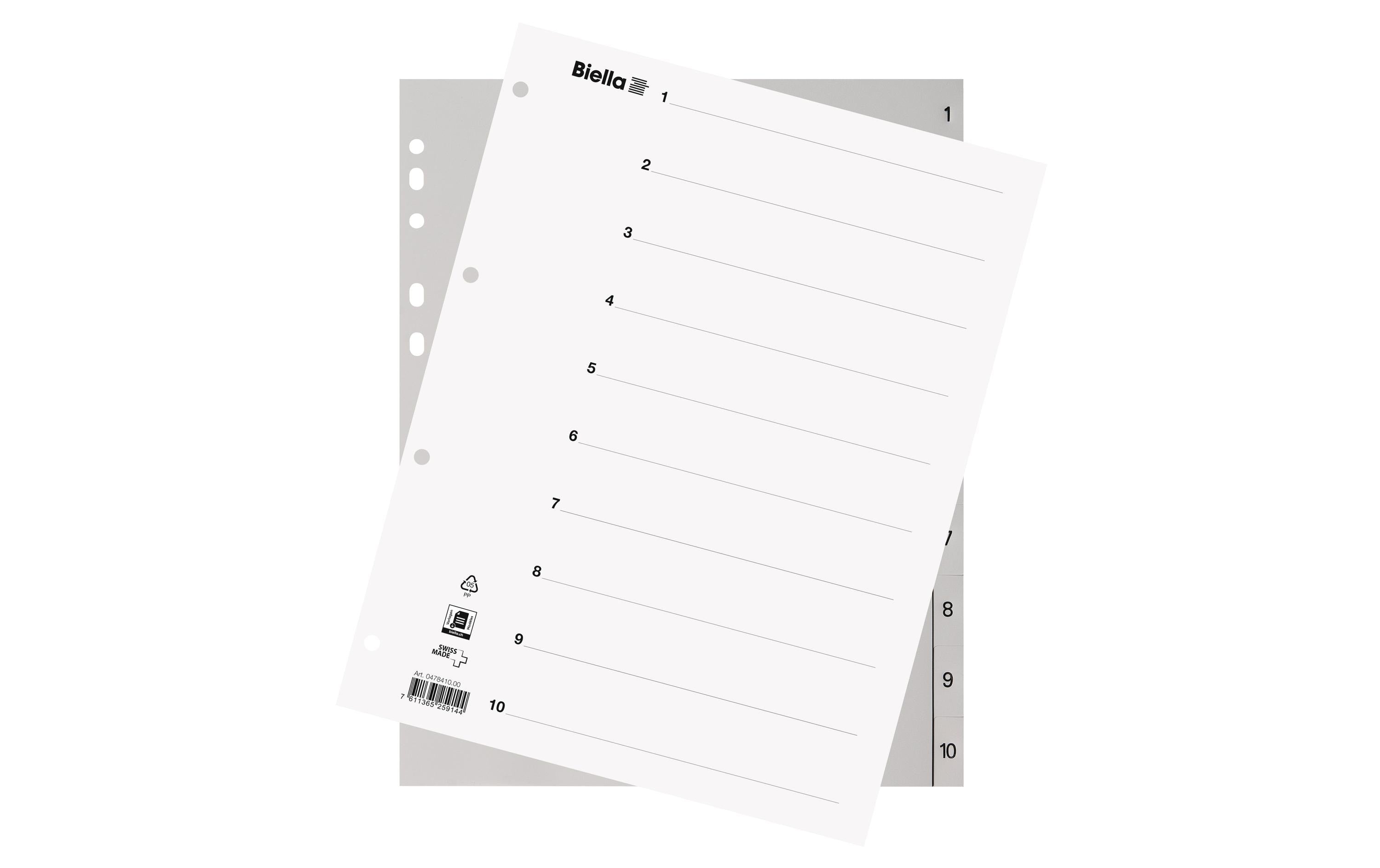 Biella Register Polypropylen A4 1-10, 4Loch grau, überbreit für Zeigetaschen, mit Index