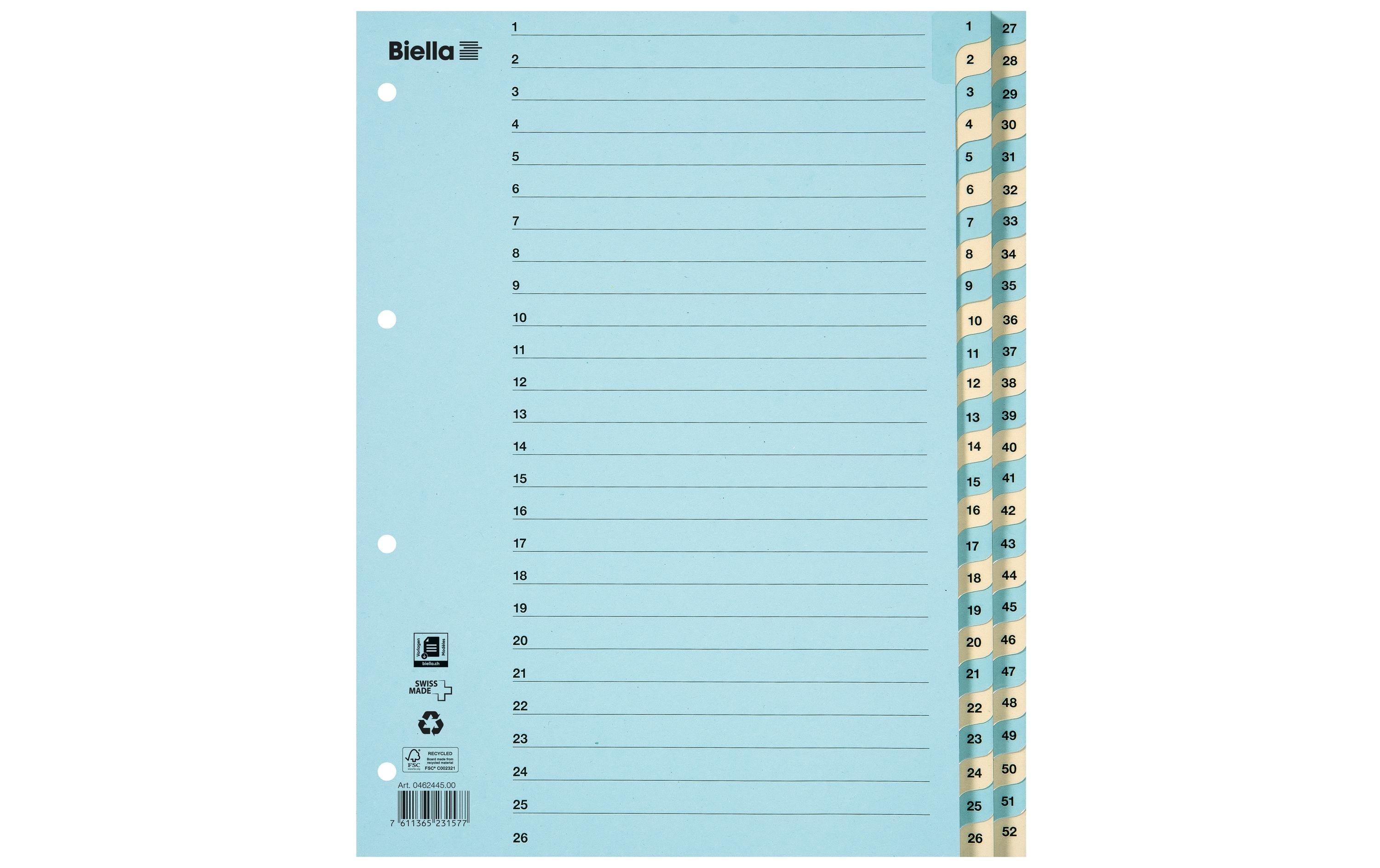 Biella Register Karton A4 1-52, 4Loch blau,gelb 1 Stück