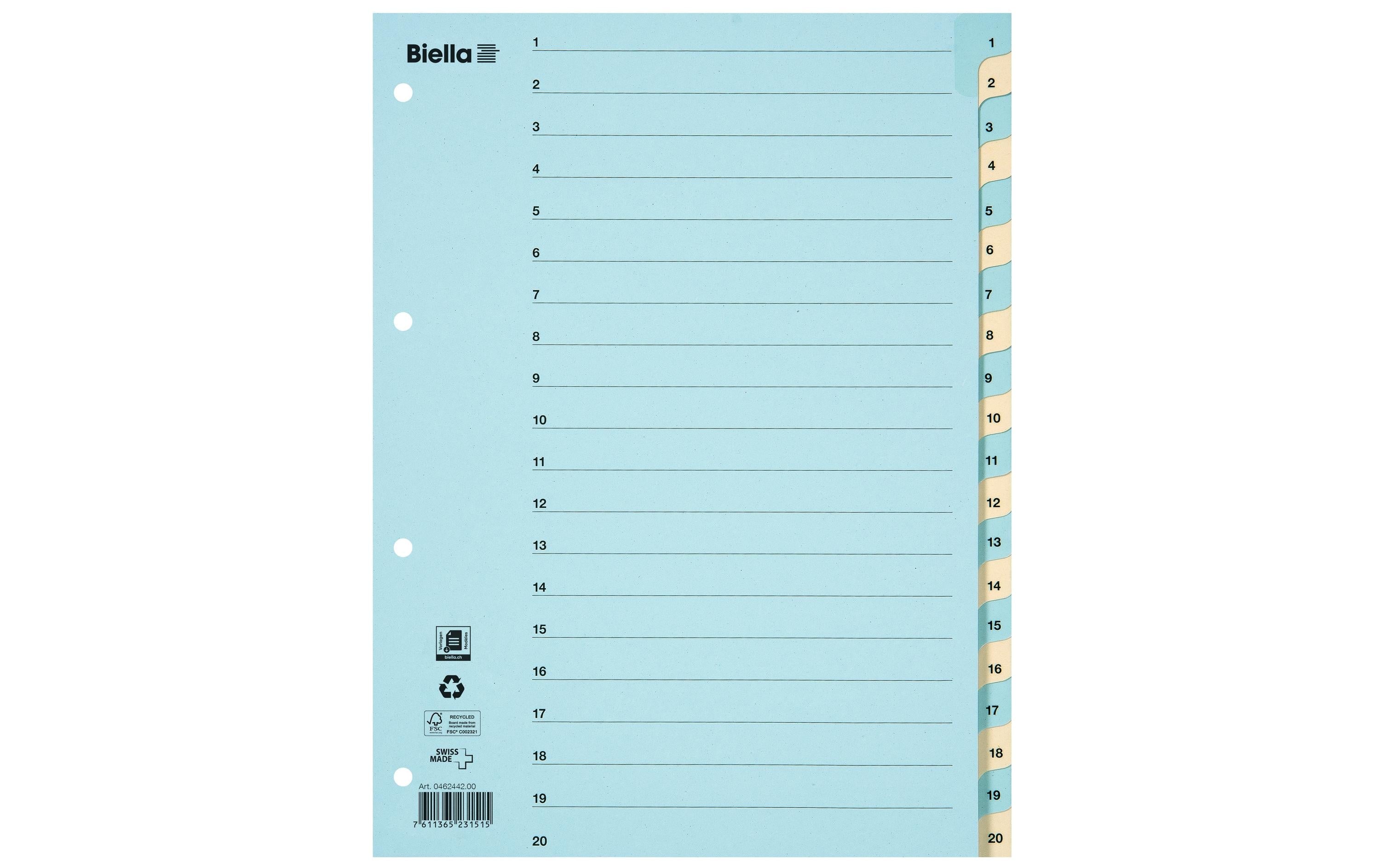 Biella Register Karton A4 1-20, 4Loch blau,gelb 1 Stück