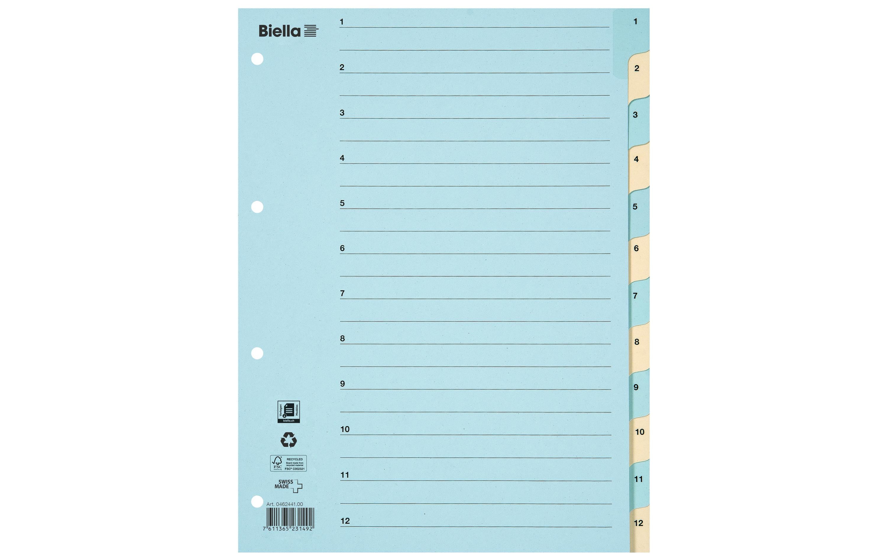 Biella Register Karton A4 1-12, 4Loch blau,gelb 1 Stück