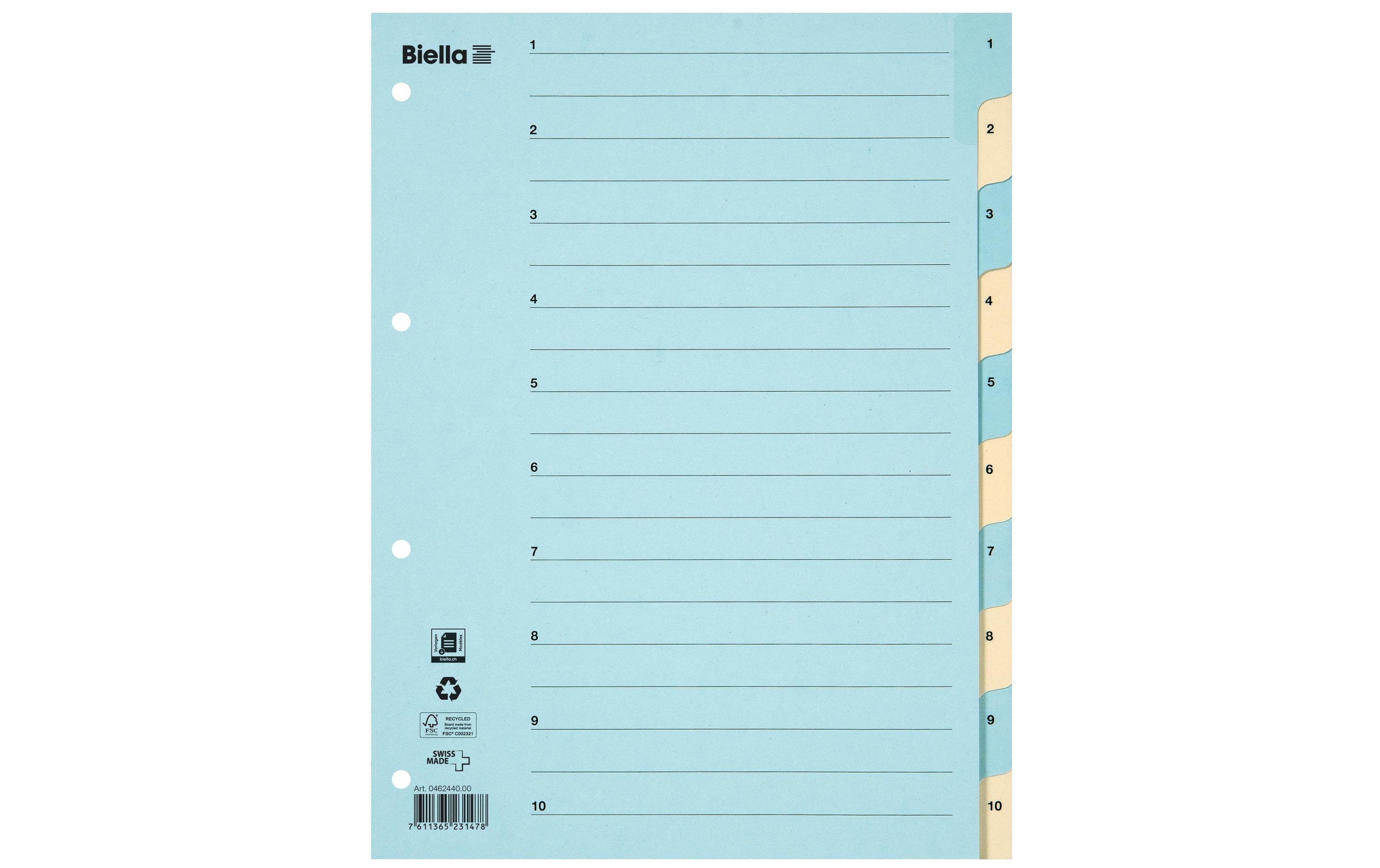 Biella Register Karton A4 1-10, 4Loch blau,gelb 1 Stück