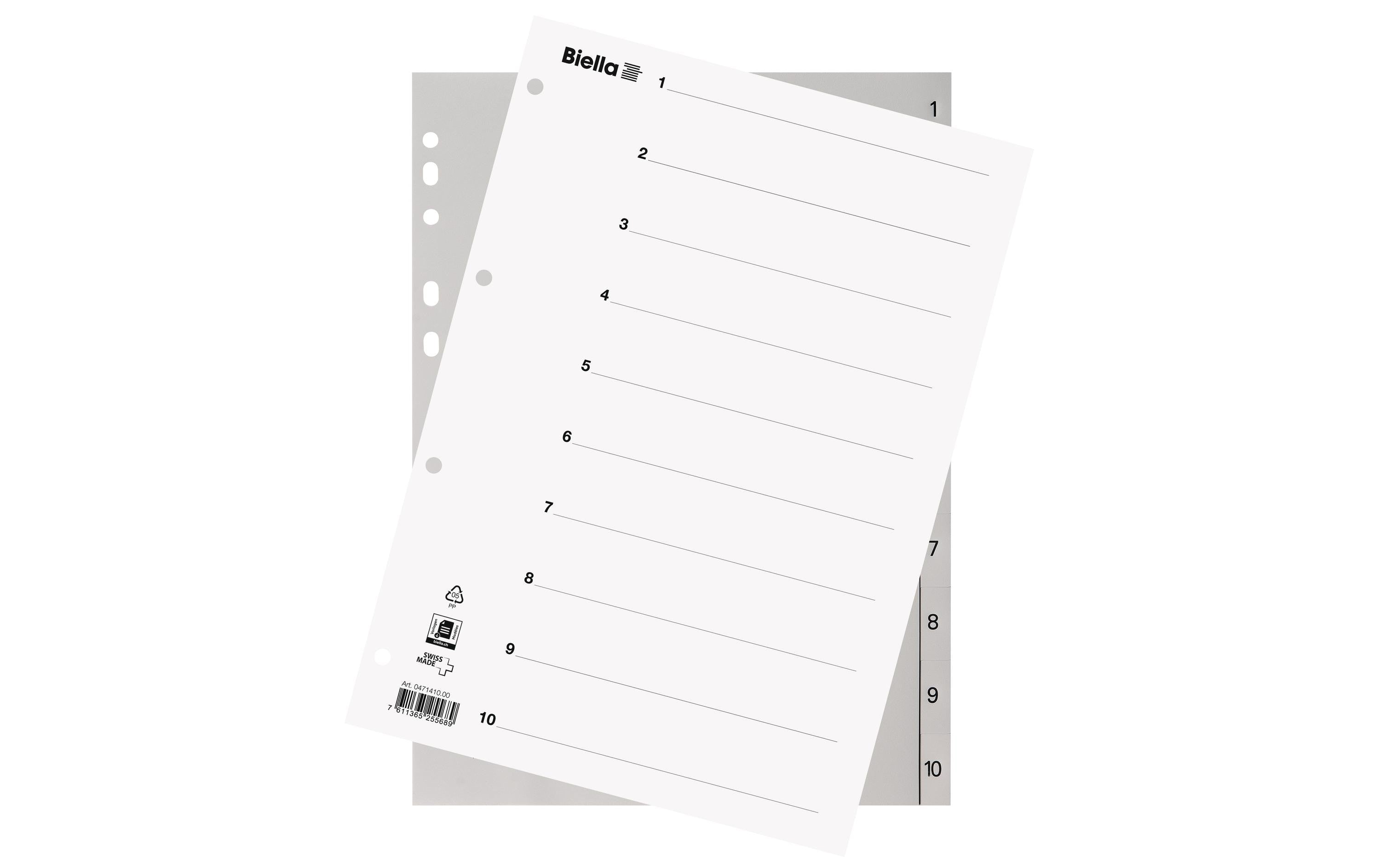 Biella Register Vollformat aus Kunststoff 1-10, A4, 4 Loch, 1 Stück