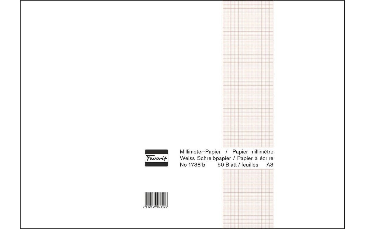 Favorit Millimeterpapier-Block weiss, Netzfarbe braun, 420x297mm, 50 Blatt