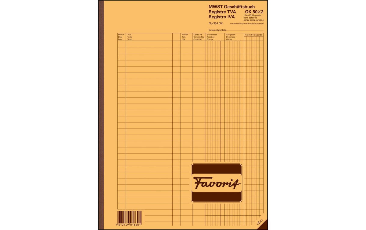 Favorit MWST-Geschäftsbuch weiss/weiss, D/F/I, 220x297mm, 50x2 Blatt