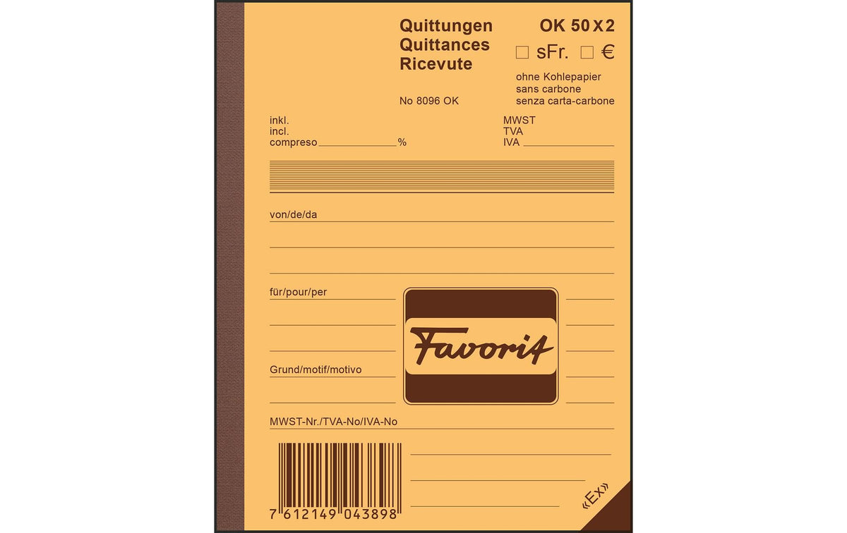 Favorit Quittungen blau/weiss, D/F/I, 113x144mm, 50x2 Blatt