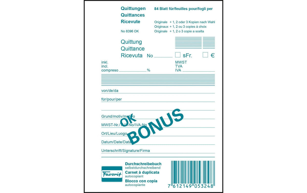 Favorit Quittungen Bonus weiss, D/F/I, 104x144mm, 84 Blatt