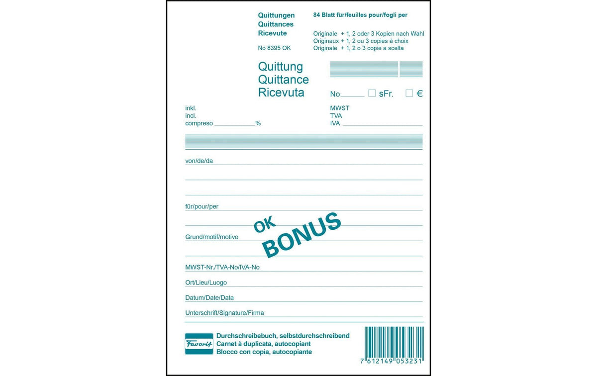 Favorit Quittungen Bonus weiss, D/F/I, 149x209mm, 84 Blatt