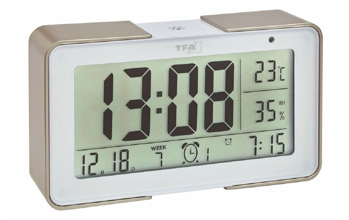 TFA Digitaler Funk-Wecker MELODY Exklusive 2 x 1,5 V AA, Weiss/Champagner